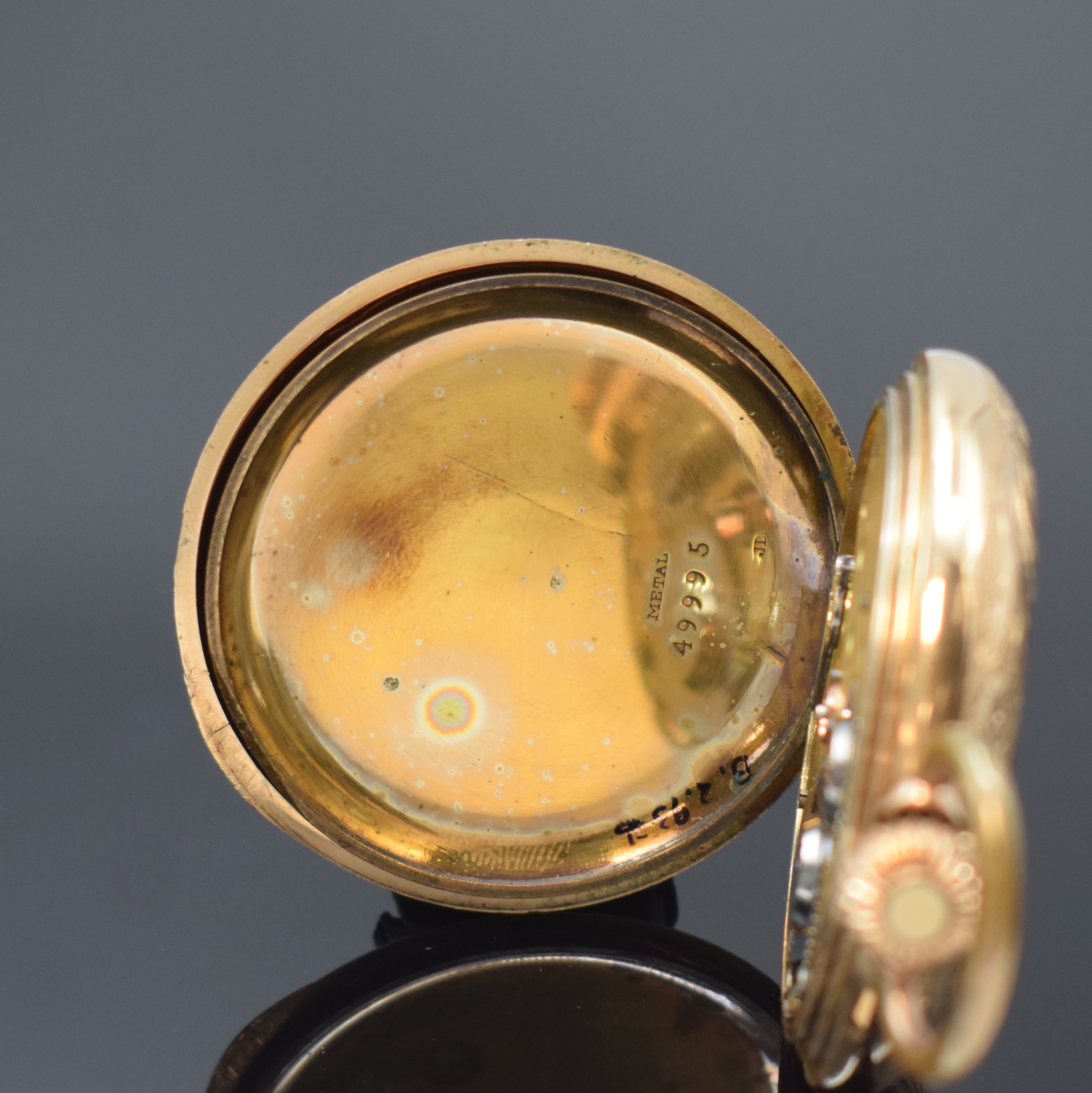 Detail f: SYSTEME GLASHÜTTE Herrensavonette in GG 585/000, floral grav. Geh. dell., Metallcuvette, grav. Sprung- u. Rückdeckel, Emailzifferbl. m. röm. ...