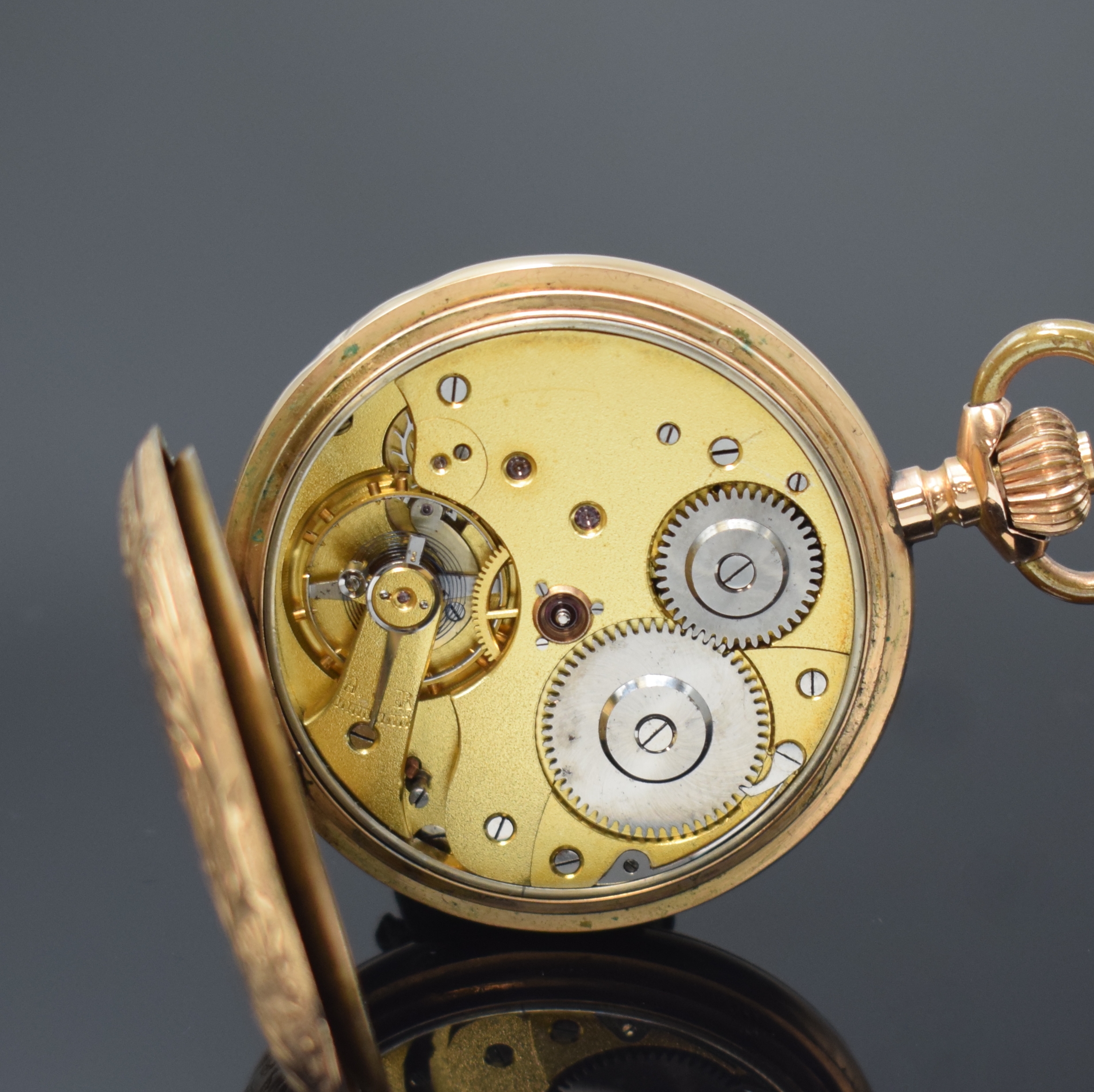 Detail g: SYSTEME GLASHÜTTE Herrensavonette in GG 585/000, floral grav. Geh. dell., Metallcuvette, grav. Sprung- u. Rückdeckel, Emailzifferbl. m. röm. ...