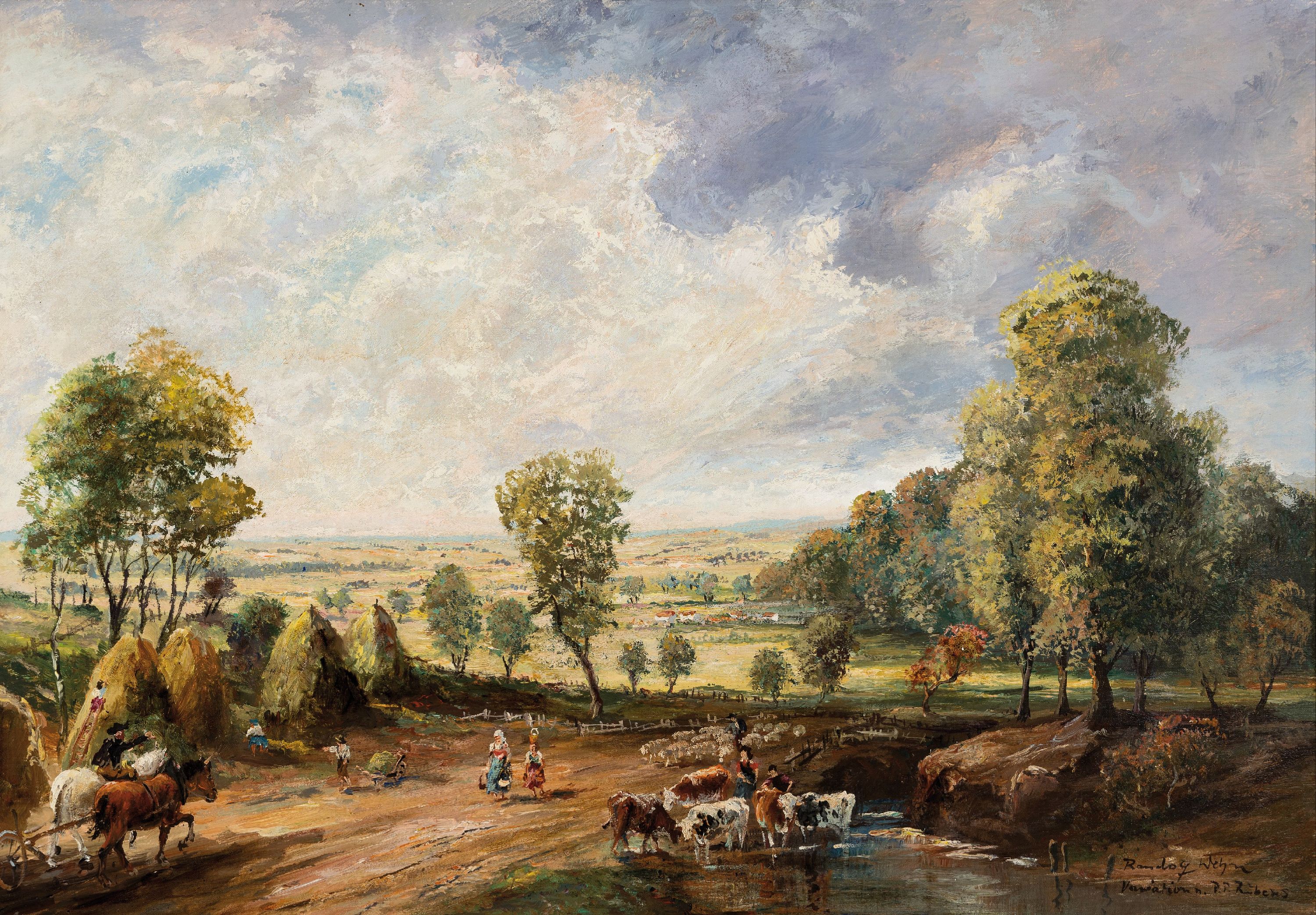Randolf Wehn, 1911-1987 München, Weite Landschaft mit Baumgruppen und Kühen am Wasser, Öl/Lwd, rechts unten sign.: Randolf Wehn, Variation nach ...