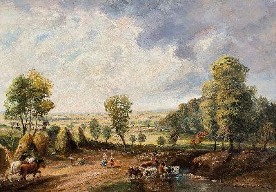 Image Randolf Wehn, 1911-1987 München, Weite Landschaft mit Baumgruppen und Kühen am ...