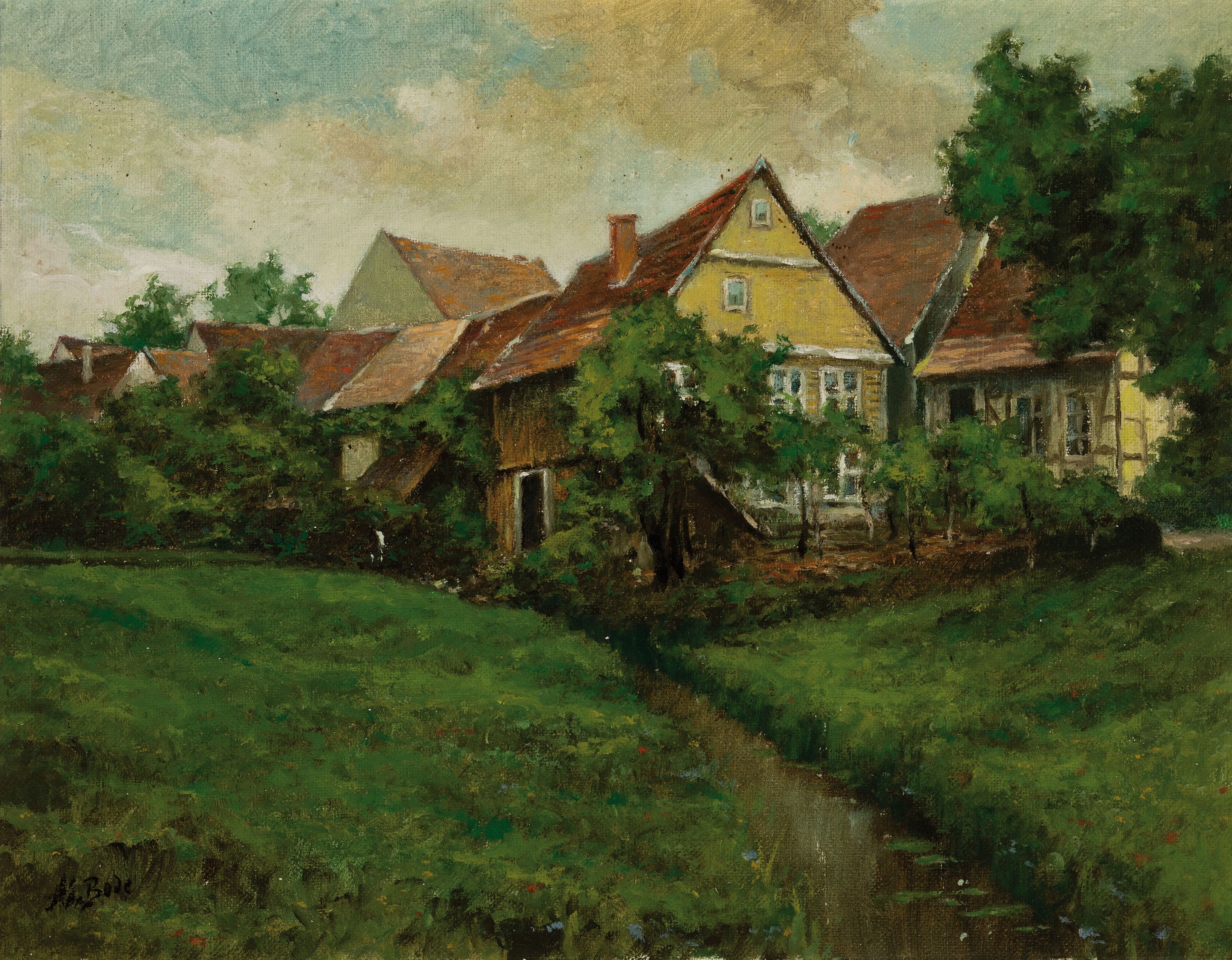 Adolf Bode, 1904-1970 Offenbach, Blick auf ein Dorf, rückseitig bezeichnet Unterabsteinach, Öl/Malkarton, links unten signiert, ca. 29x37cm, R. ca. ...