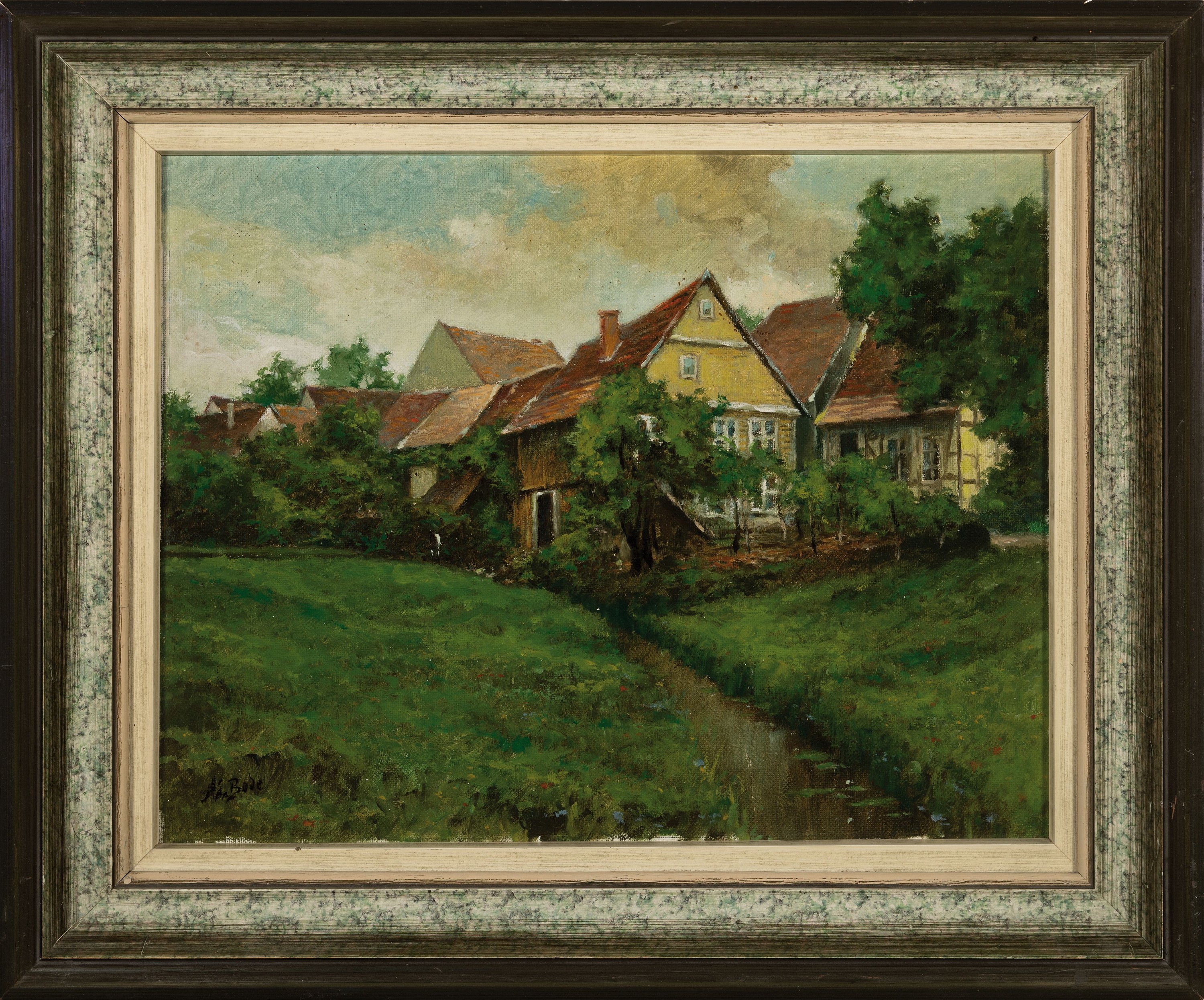 Detail k: Adolf Bode, 1904-1970 Offenbach, Blick auf ein Dorf, rückseitig bezeichnet Unterabsteinach, Öl/Malkarton, links unten signiert, ca. 29x37cm, R. ca. ...