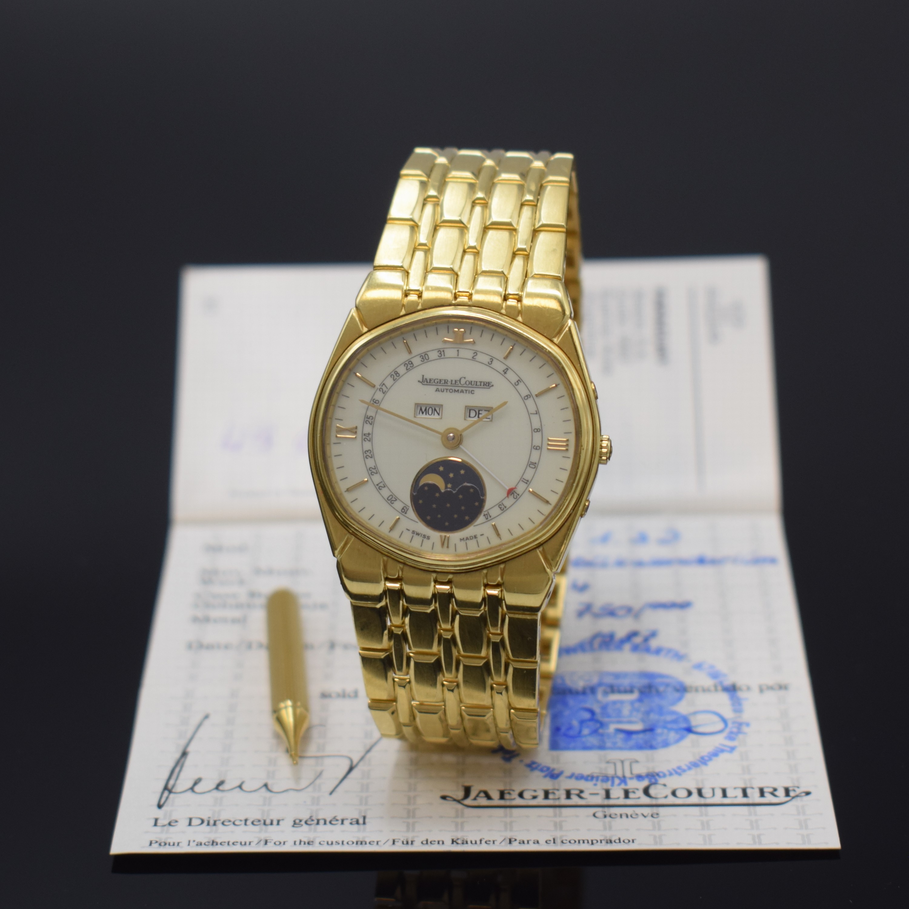 Jaeger-LeCoultre Albatros seltene, schwere Herrenarmbanduhr in GG 750/000 mit Vollkalender Referenz 121.202.1.3D, Automatik, tonneauförm. Gehäuse ...