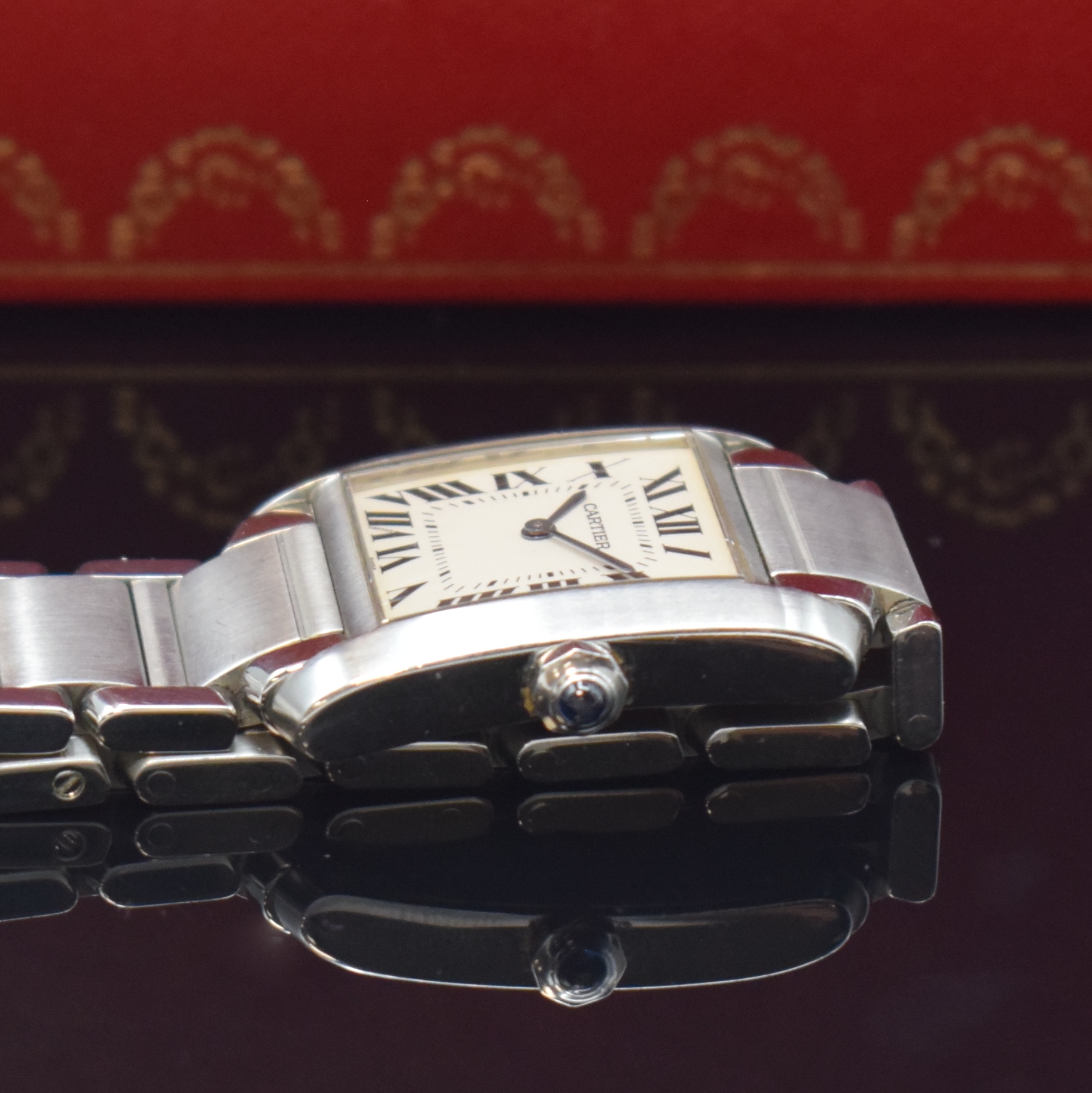 Detail c: CARTIER Tank Francaise Damenarmbanduhr Referenz 2301, Schweiz um 1995, quarz, Edelstahlgeh. inkl. orig. Gliederband m. dopp. Faltschl., Boden 4-fach ...