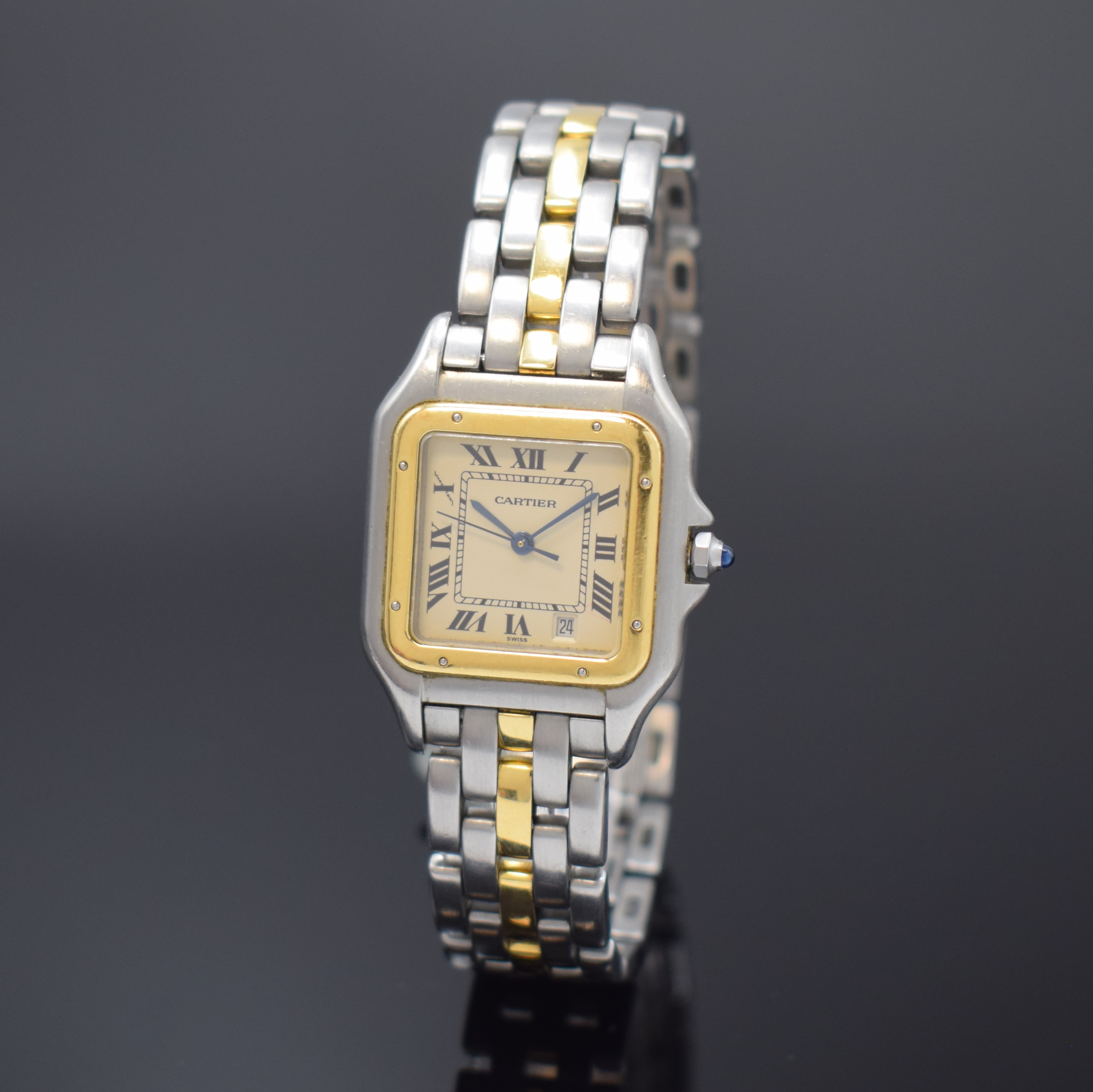 CARTIER Panthere Armbanduhr in Stahl/Gold Referenz 187949, Schweiz um 1995, quarz, Boden 8-fach verschr., Gliederband m. dopp. Faltschl., ...