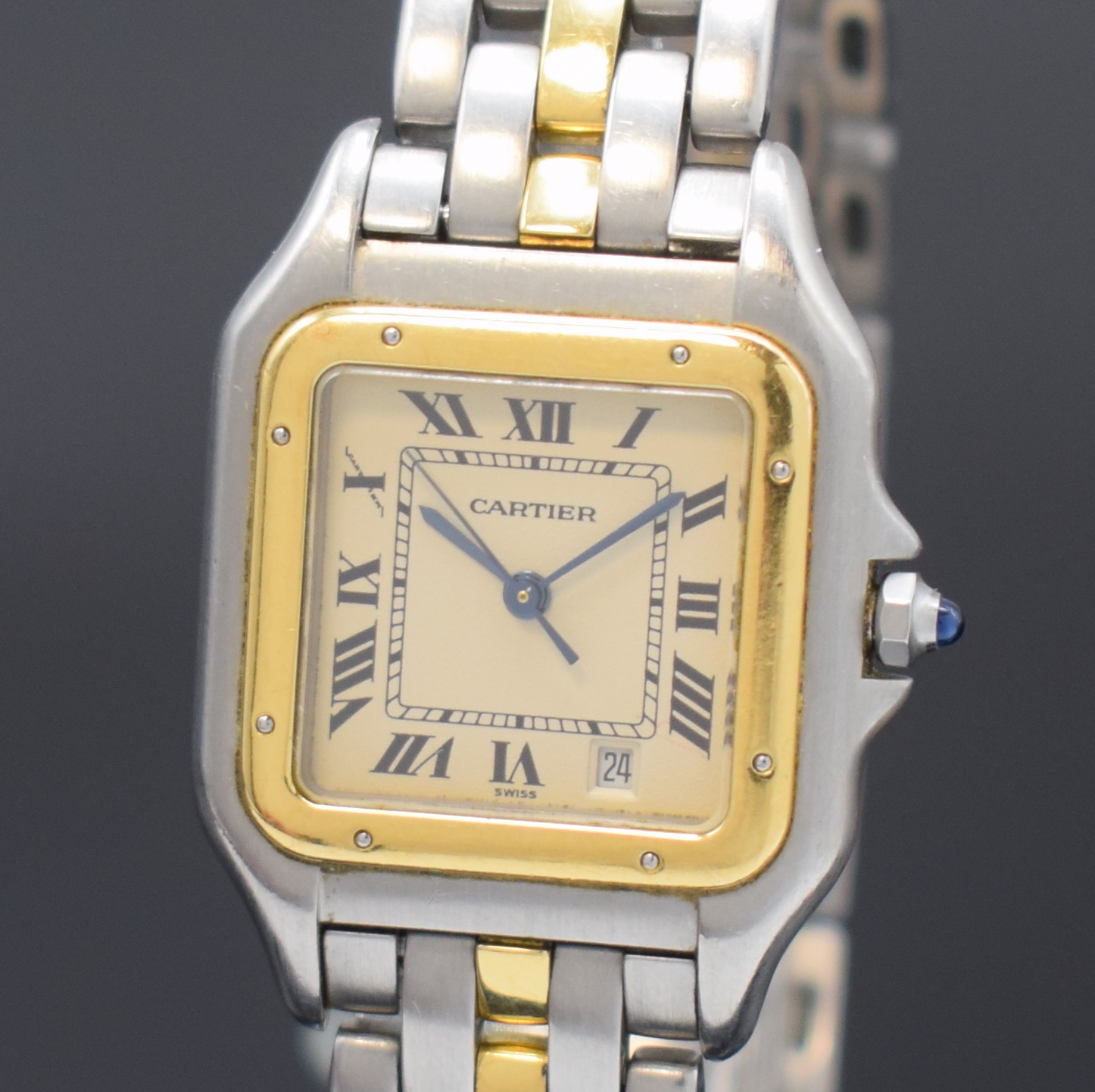 Detail a: CARTIER Panthere Armbanduhr in Stahl/Gold Referenz 187949, Schweiz um 1995, quarz, Boden 8-fach verschr., Gliederband m. dopp. Faltschl., ...