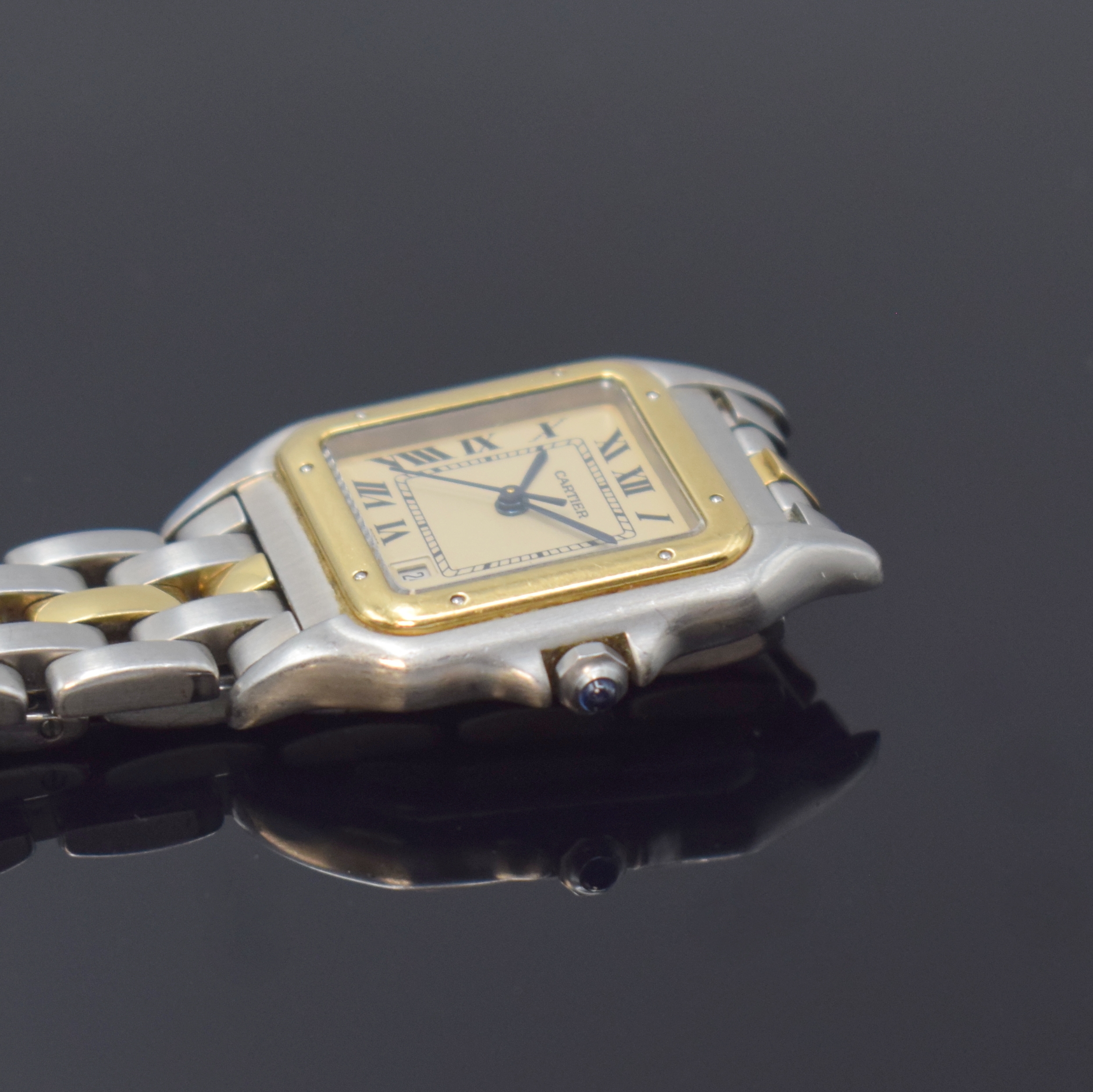 Detail c: CARTIER Panthere Armbanduhr in Stahl/Gold Referenz 187949, Schweiz um 1995, quarz, Boden 8-fach verschr., Gliederband m. dopp. Faltschl., ...