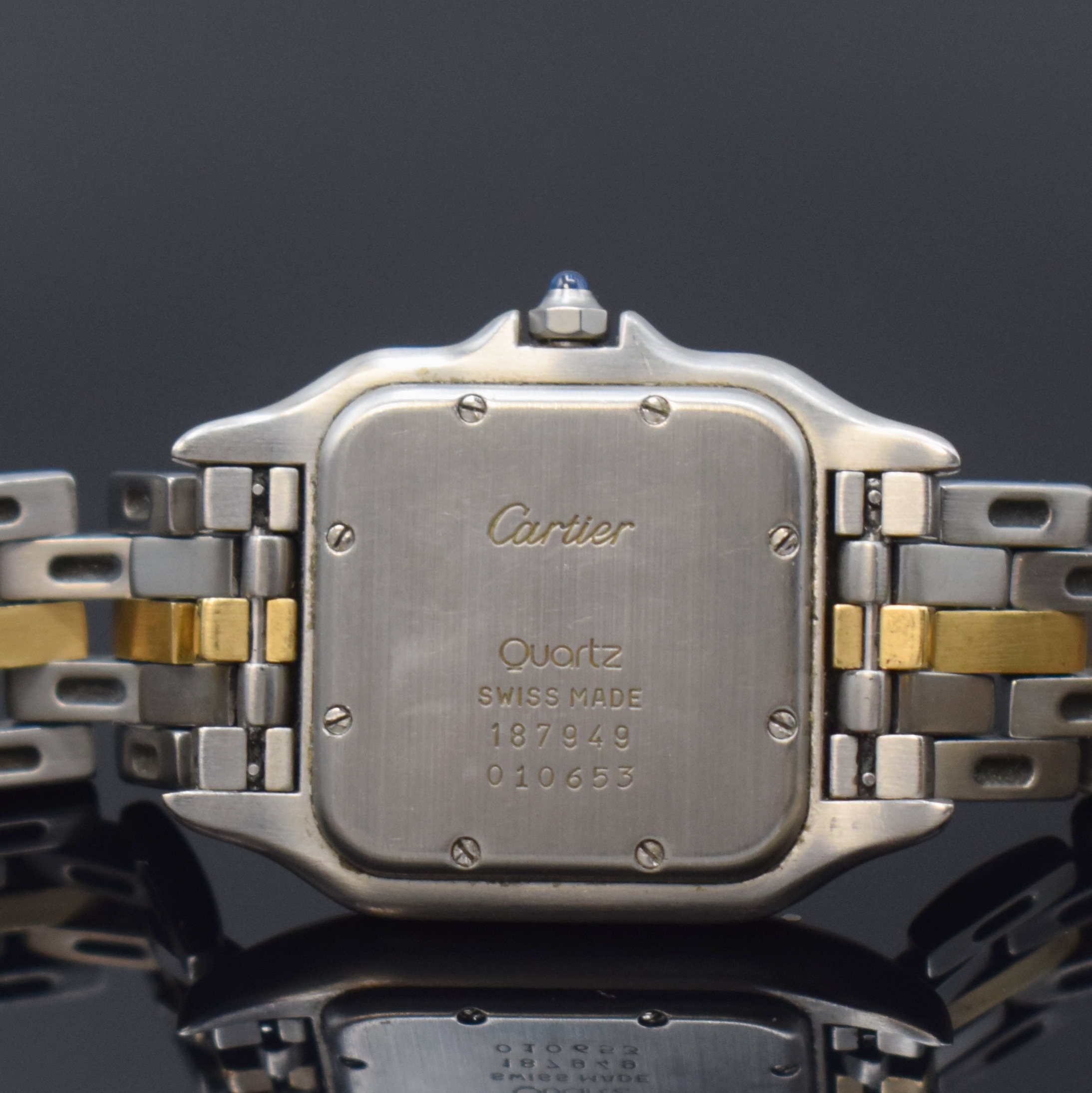 Detail d: CARTIER Panthere Armbanduhr in Stahl/Gold Referenz 187949, Schweiz um 1995, quarz, Boden 8-fach verschr., Gliederband m. dopp. Faltschl., ...
