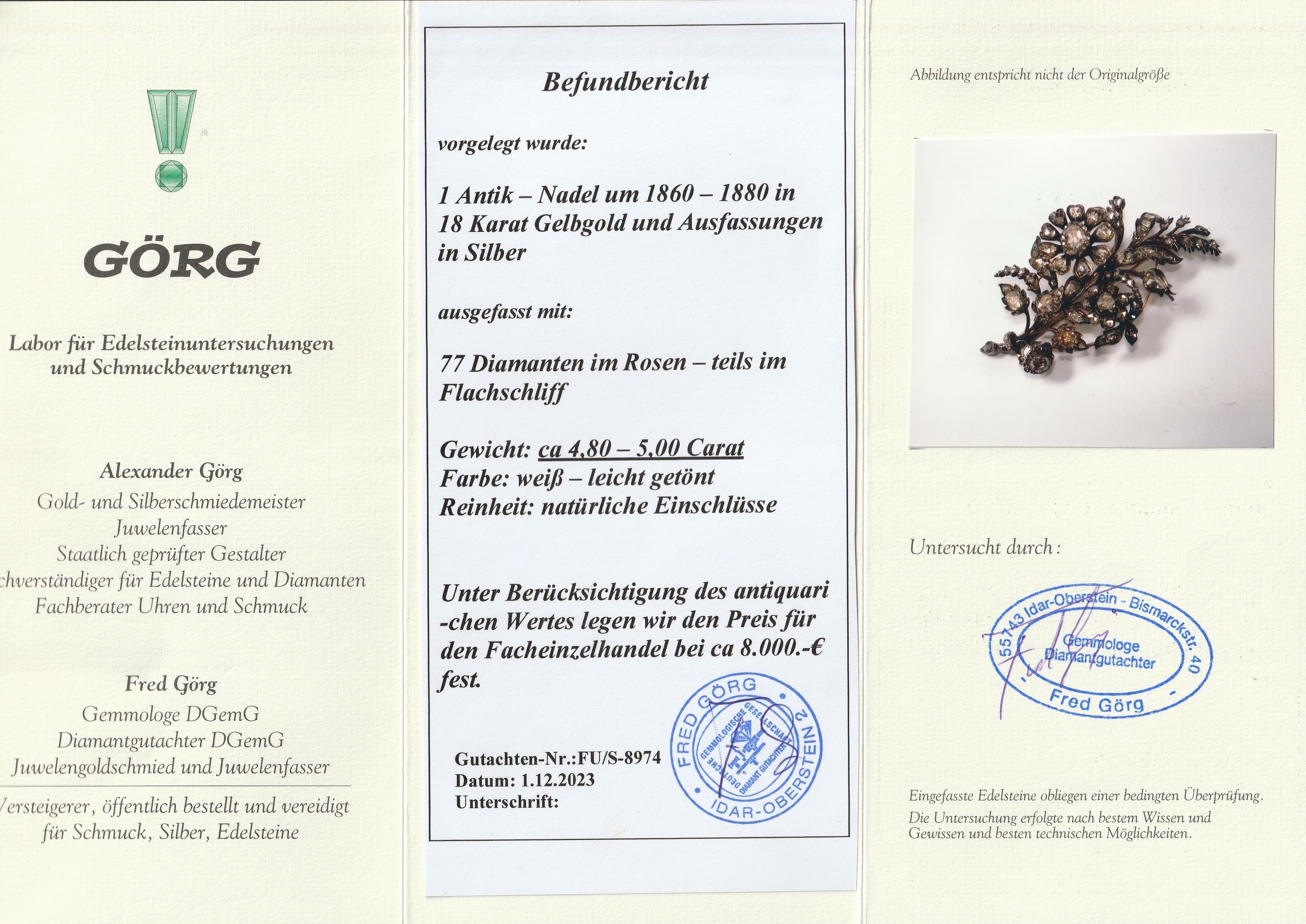 Detail a: 18 kt Gold Diamant-Brosche, um 1860/80, GG 750/000 und Silber, in Form einer Blüte mitBlättern, voll ausgefasst mit Diamantrosen zus. ca. 4.80 ct ...