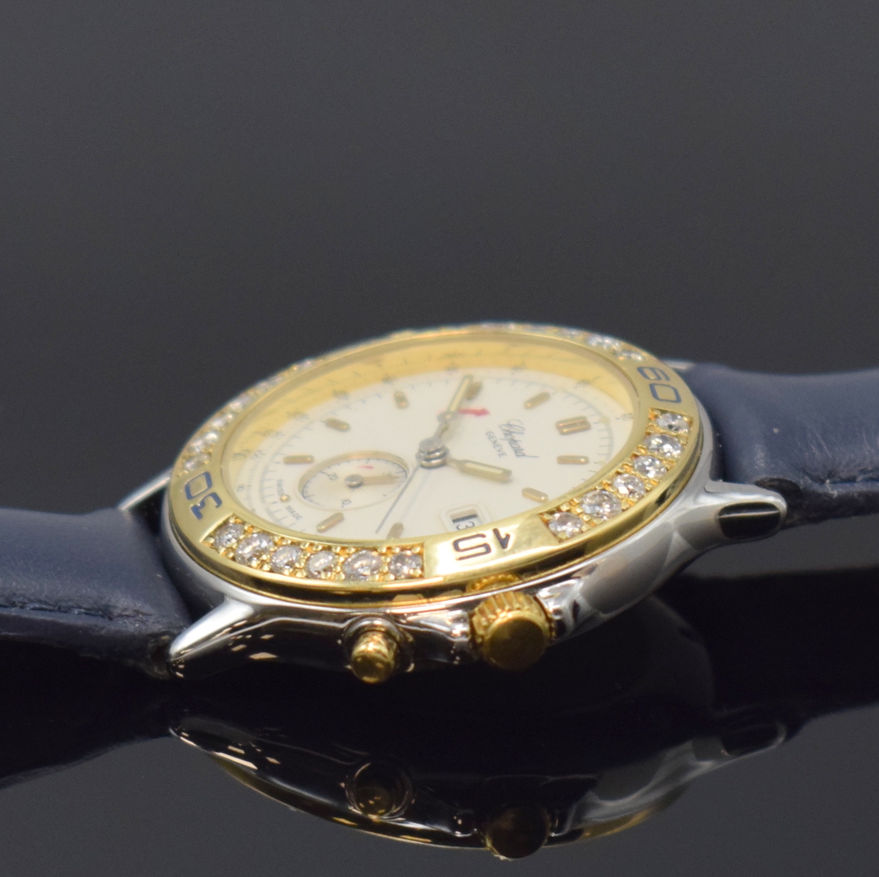 Detail b: CHOPARD Mille Miglia Damenarmbanduhr mit Chronograph in Stahl/Gold Referenz 16/8142, Schweiz um 2000, quarz, Boden 7-fach verschr., Lünette aufw. m. ...