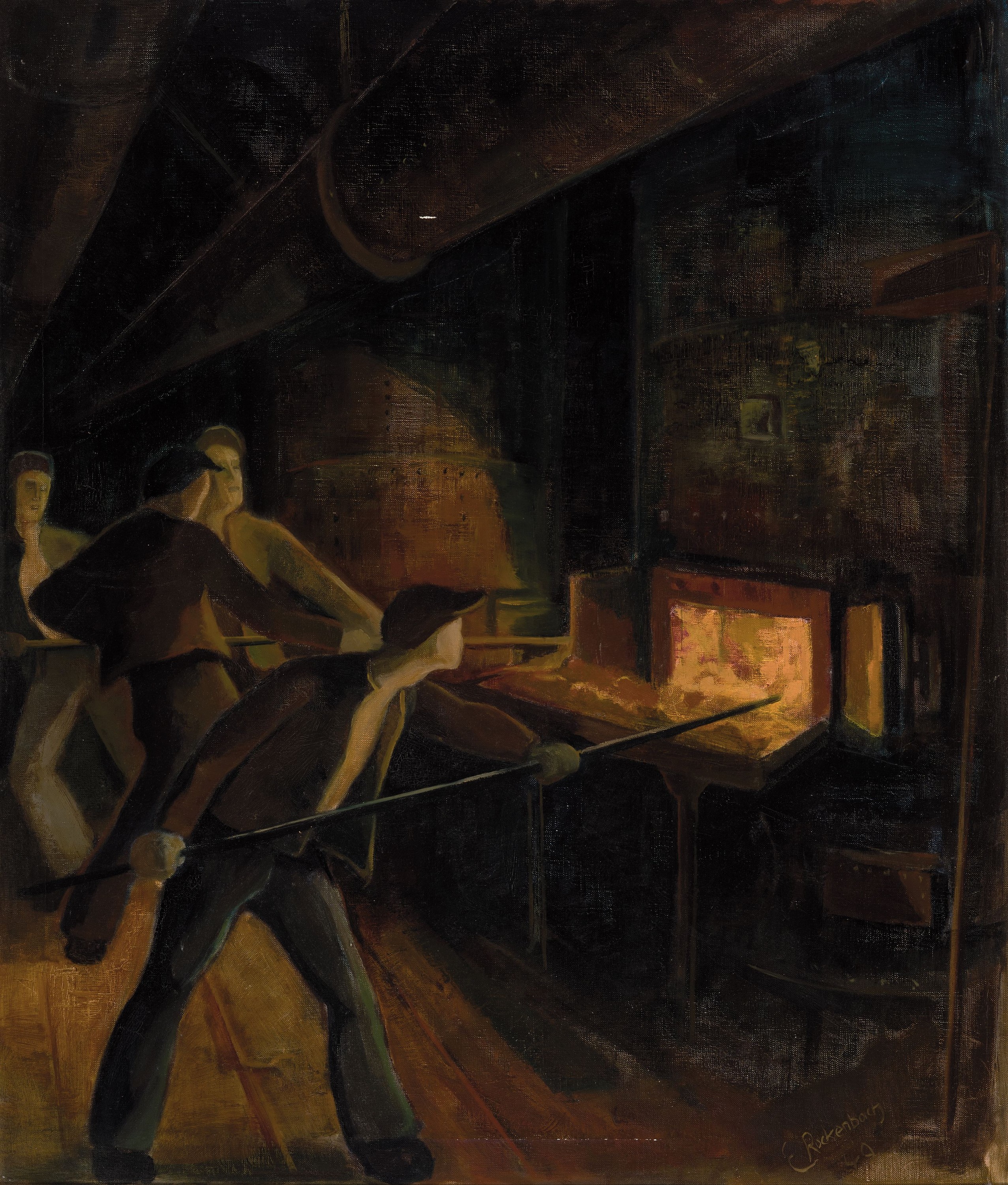 Erich Rockenbach, 1911 Ludwigshafen am Rhein -1984, "Entschlacken des Wassergas -Generator, Dez. 1949" so verso bezeichnet, 4 Männer im ...