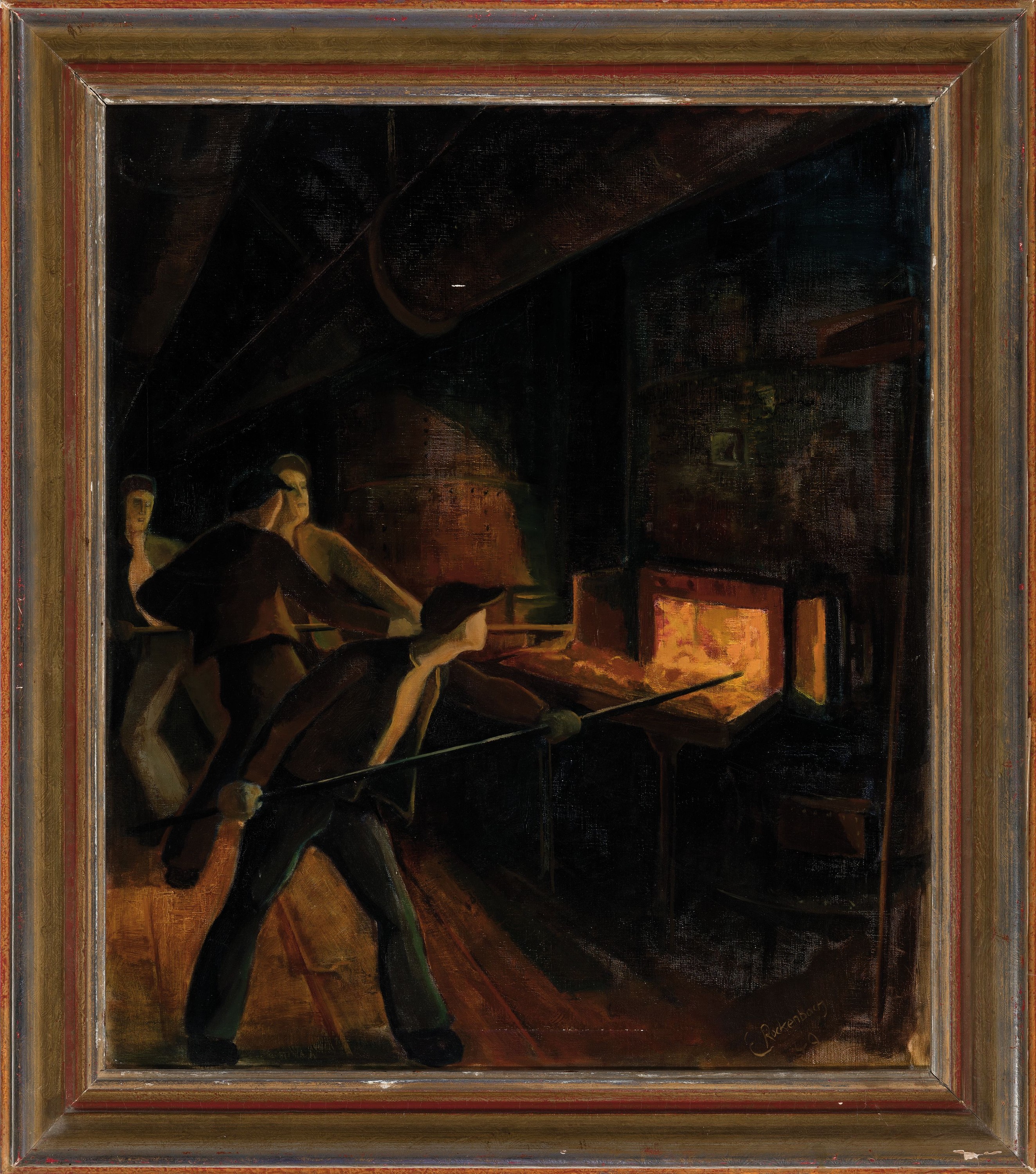 Detail k: Erich Rockenbach, 1911 Ludwigshafen am Rhein -1984, "Entschlacken des Wassergas -Generator, Dez. 1949" so verso bezeichnet, 4 Männer im ...