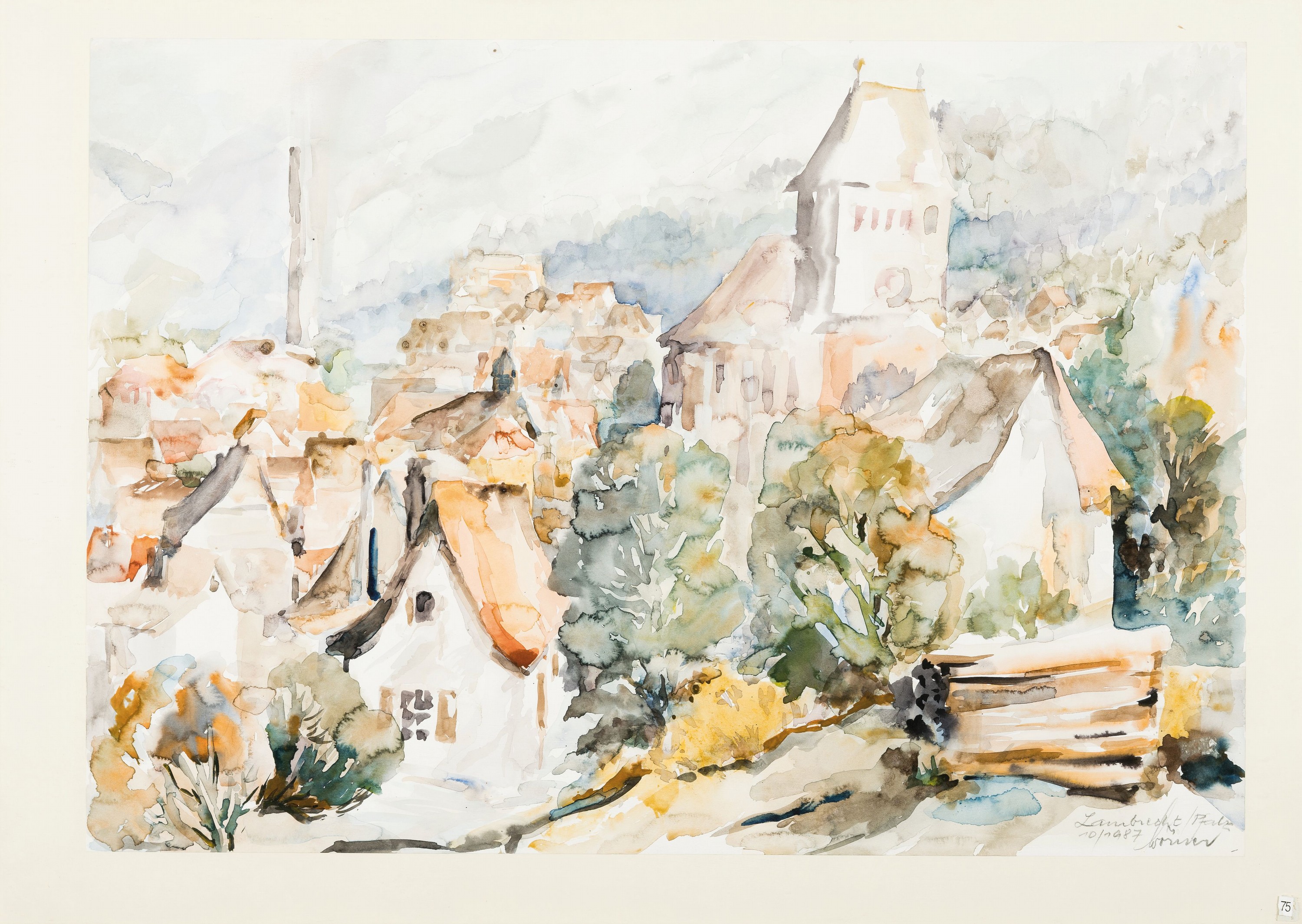 Willi Woerner, 1931 Ludwigshafen-2014 Oggersheim, Aquarellist und Illustrator, Aquarell "Lambrecht/Pfalz", 1987, handsigniert, 43x61 cm, ...