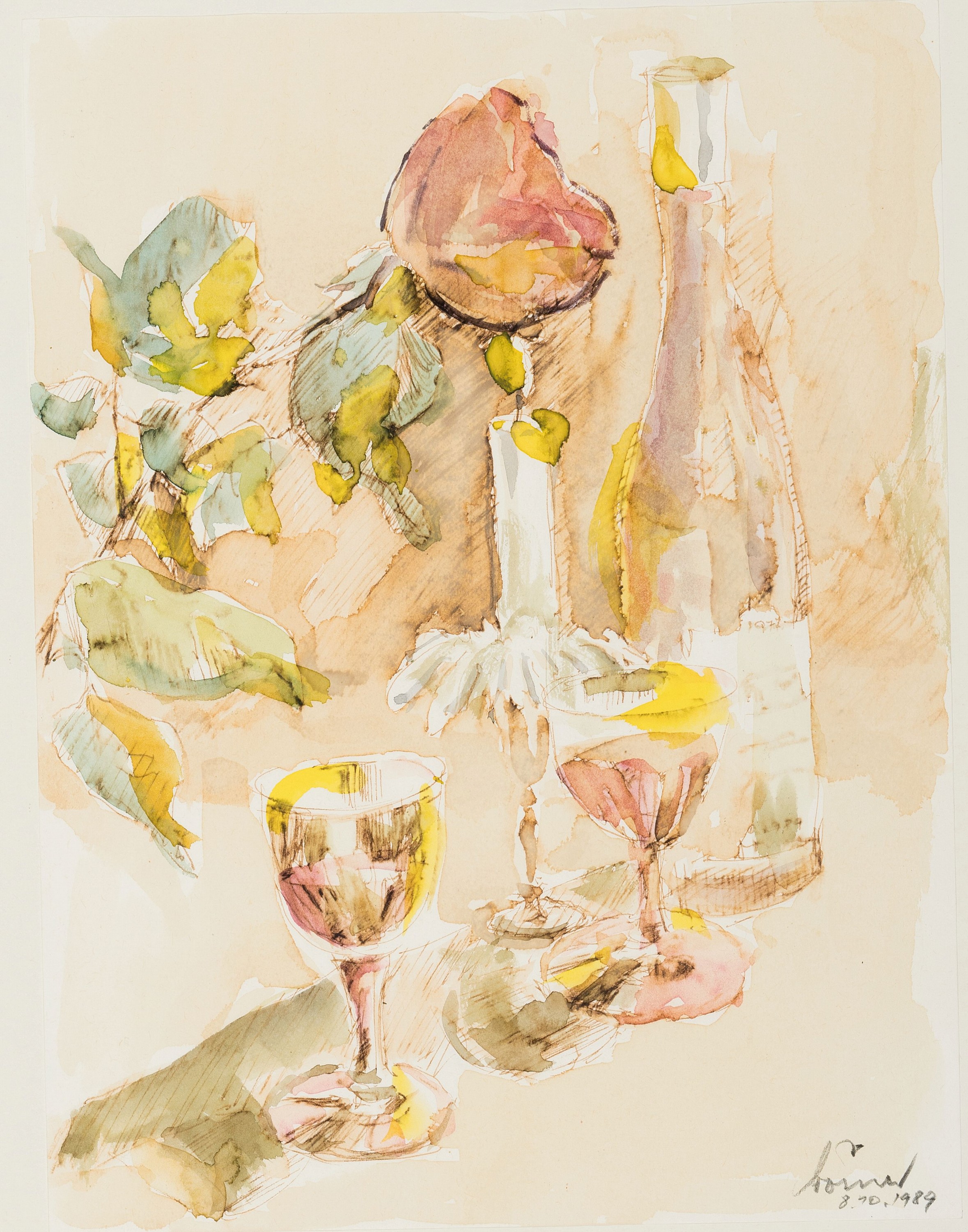Willi Woerner, 1931 Ludwigshafen-2014 Oggersheim, Aquarellist und Illustrator, Aquarell, "in vino veritas", 1989, Weinstillleben, ...