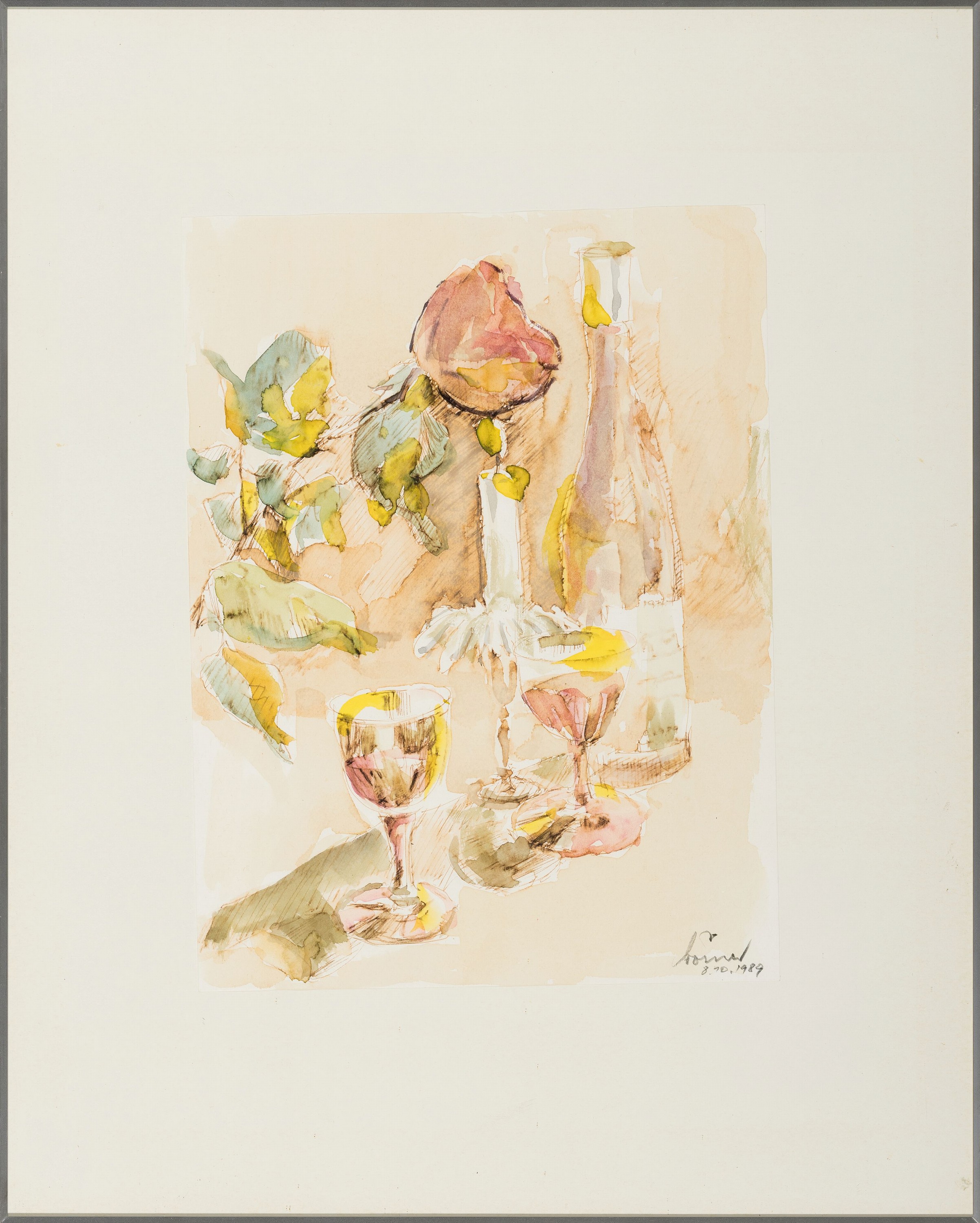 Detail k: Willi Woerner, 1931 Ludwigshafen-2014 Oggersheim, Aquarellist und Illustrator, Aquarell, "in vino veritas", 1989, Weinstillleben, ...