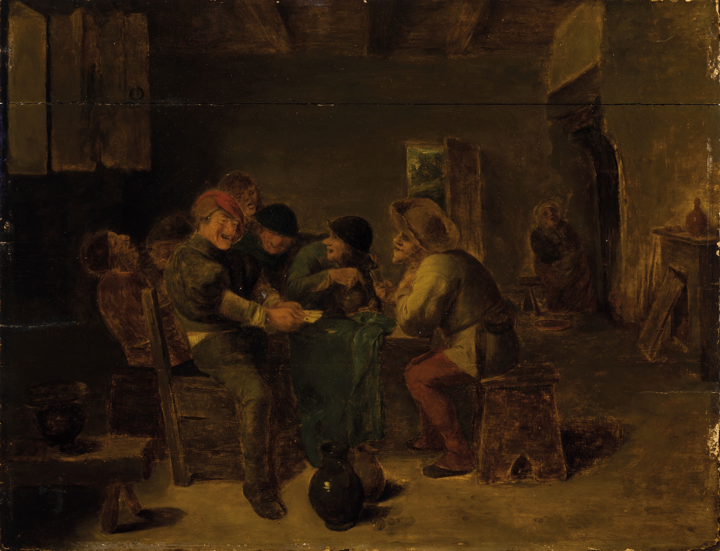 Zuschreibung: Adriaen Brouwer, 1605/06-1638, Kartenspieler in der Gaststube, Öl/Holz, parkettiert, restaurierter Querriss im oberen Drittel, ...