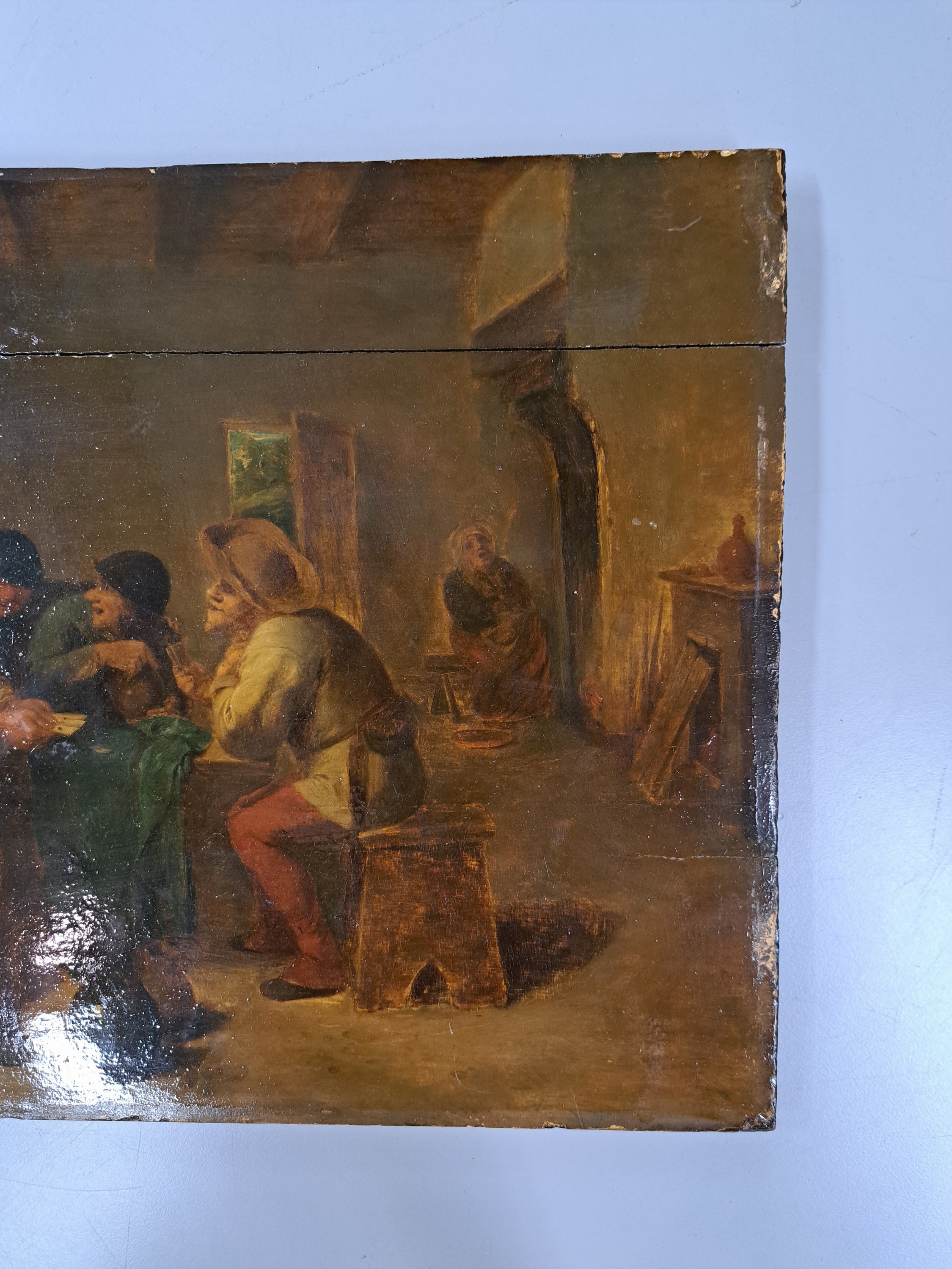 Detail a: Zuschreibung: Adriaen Brouwer, 1605/06-1638, Kartenspieler in der Gaststube, Öl/Holz, parkettiert, restaurierter Querriss im oberen Drittel, ...