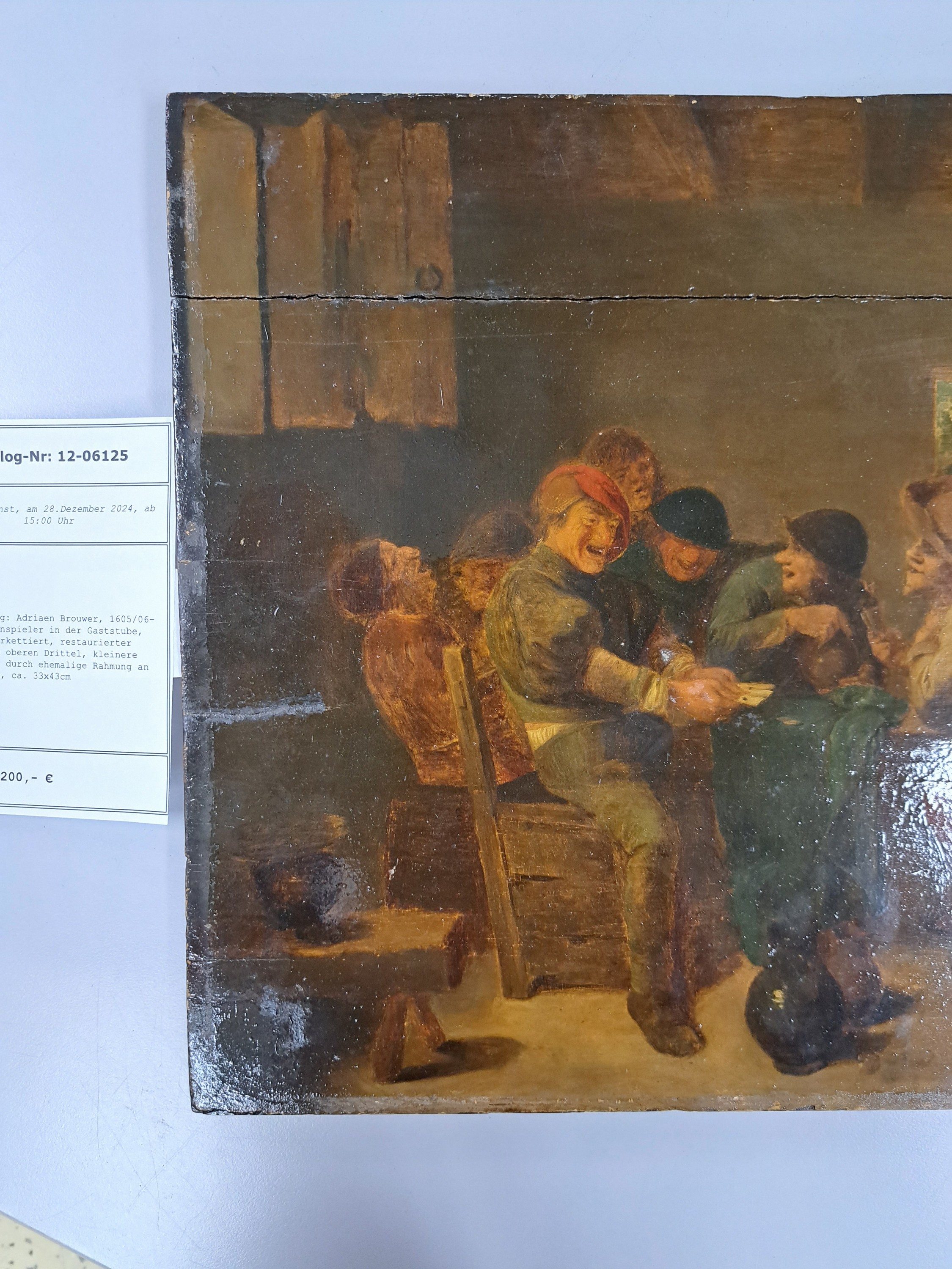 Detail b: Zuschreibung: Adriaen Brouwer, 1605/06-1638, Kartenspieler in der Gaststube, Öl/Holz, parkettiert, restaurierter Querriss im oberen Drittel, ...