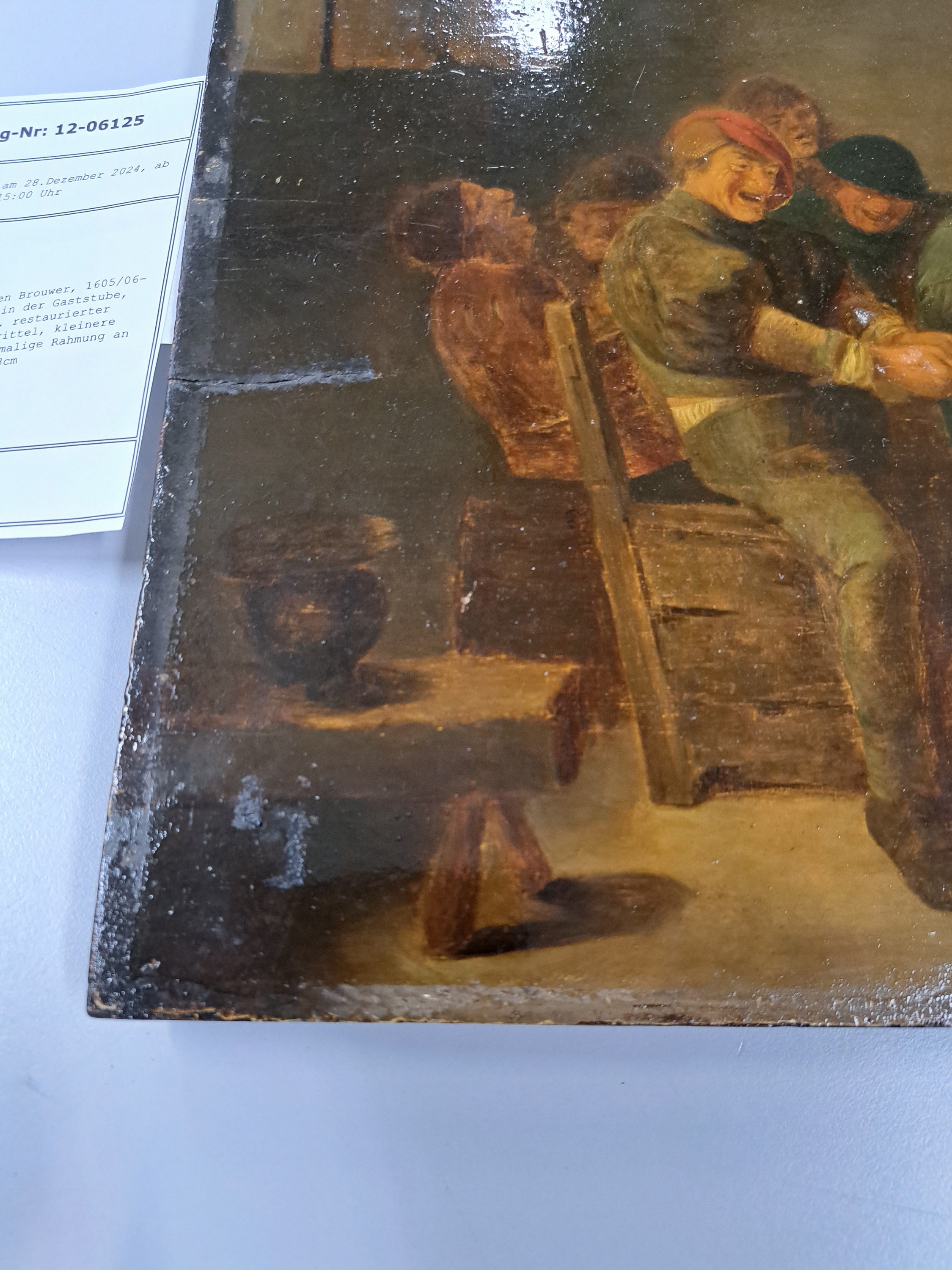 Detail c: Zuschreibung: Adriaen Brouwer, 1605/06-1638, Kartenspieler in der Gaststube, Öl/Holz, parkettiert, restaurierter Querriss im oberen Drittel, ...