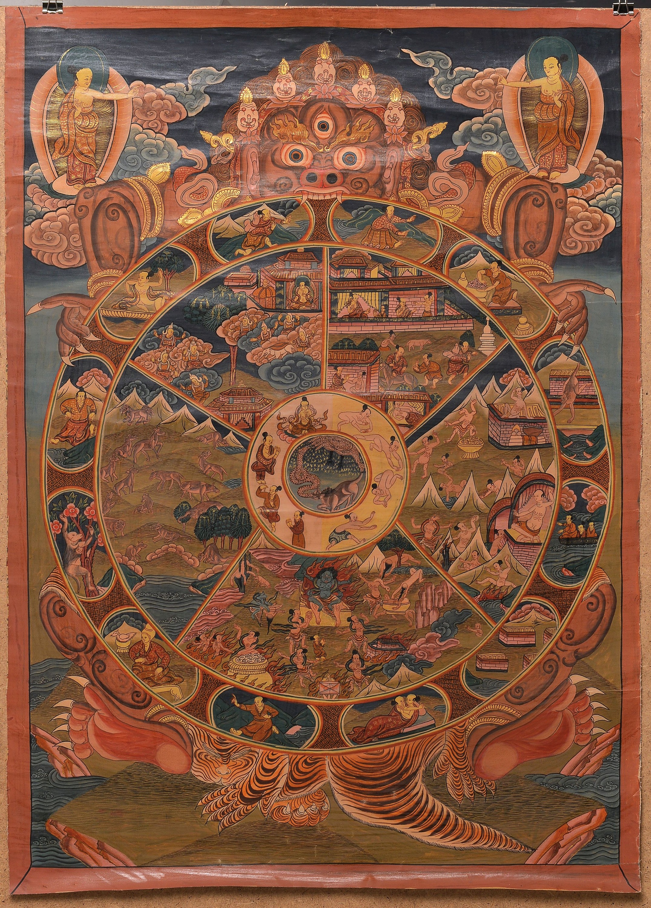 2 Thangka, Nepal/Tibet, 19./20.Jh., 1x Bhavachakra bzw. Rad des Lebens, 66x47 cm; 1x Buddha Shakyamuni mit den Erscheinungsformen des Buddhas, 56x43 ...