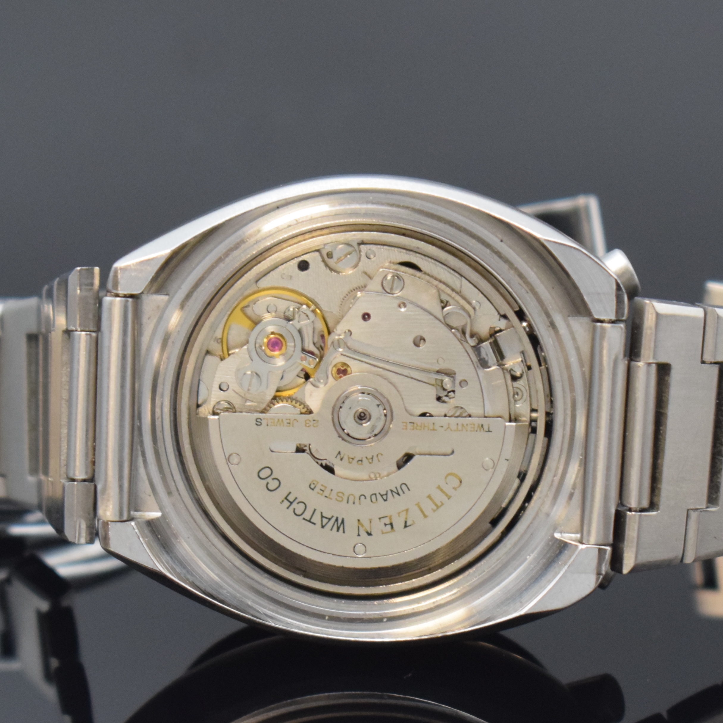 Detail f: CITIZEN Bull Head Armbandchronograph in Stahl Referenz 67-9011, Japan um 1975, Automatik, verschr. Edelstahlgeh. inkl. orig. Gliederband m. ...