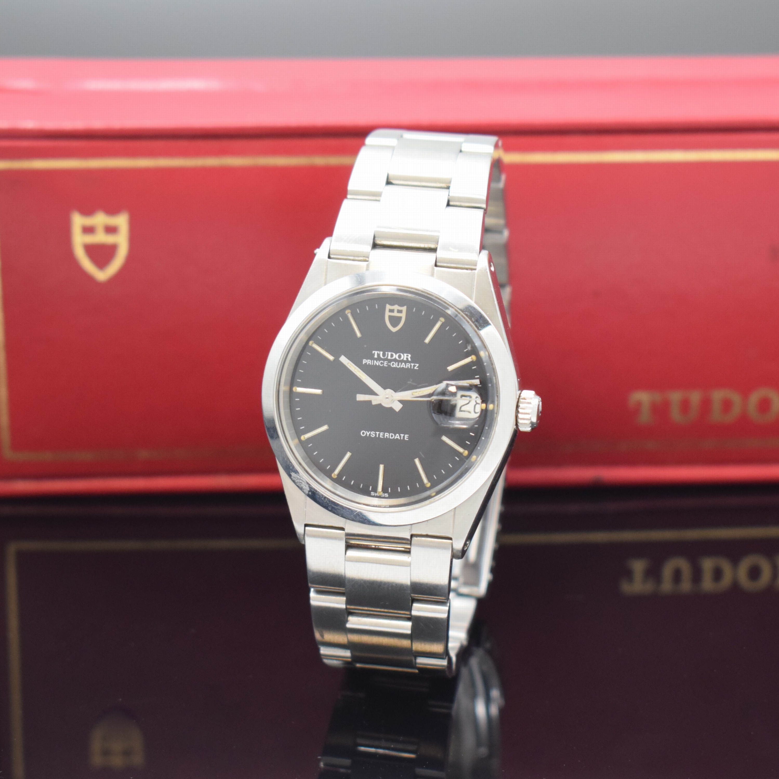 TUDOR Armbanduhr Prince-Quartz Oysterdate Referenz 9150, Schweiz 1990er Jahre, Rolex Edelstahlgeh. inkl. Rolex/Tudor Oysterband m. Faltschl., Boden ...