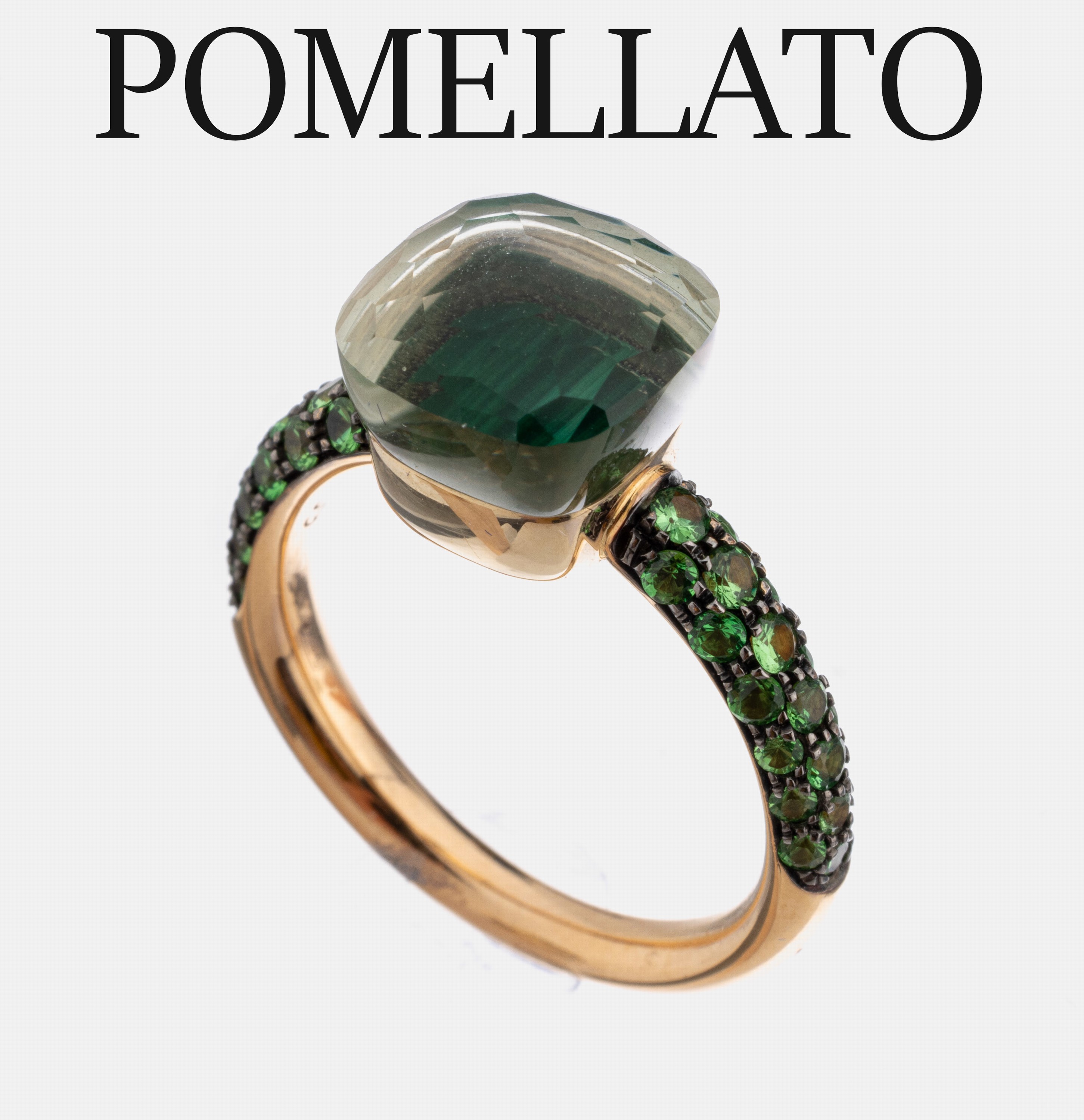 18 kt Gold POMELLATO Farbstein-Ring, RoseG 750/000, Nudo Classic, Malachit-Scheibe unter Prasiolith zus. ca. 7.30 ct, rundfacett. Tsavorite zus. ca. ...
