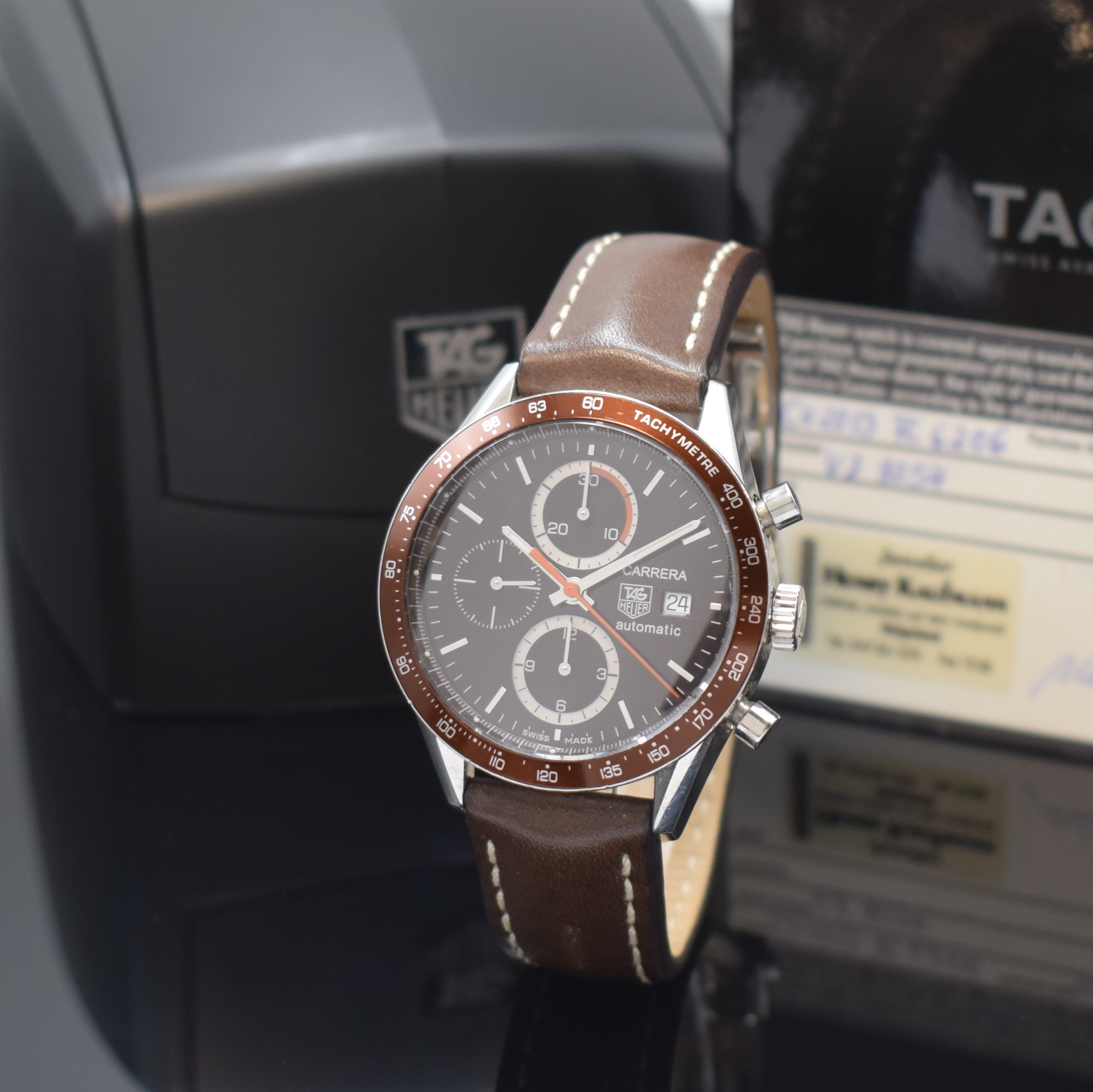 TAG HEUER Carrera Calibre 16 Chronograph in Stahl, Schweiz lt. orig. Pap. verk. 2006, Automatik, beids. vergl. Geh., Boden verschr., neutr. Lederband ...