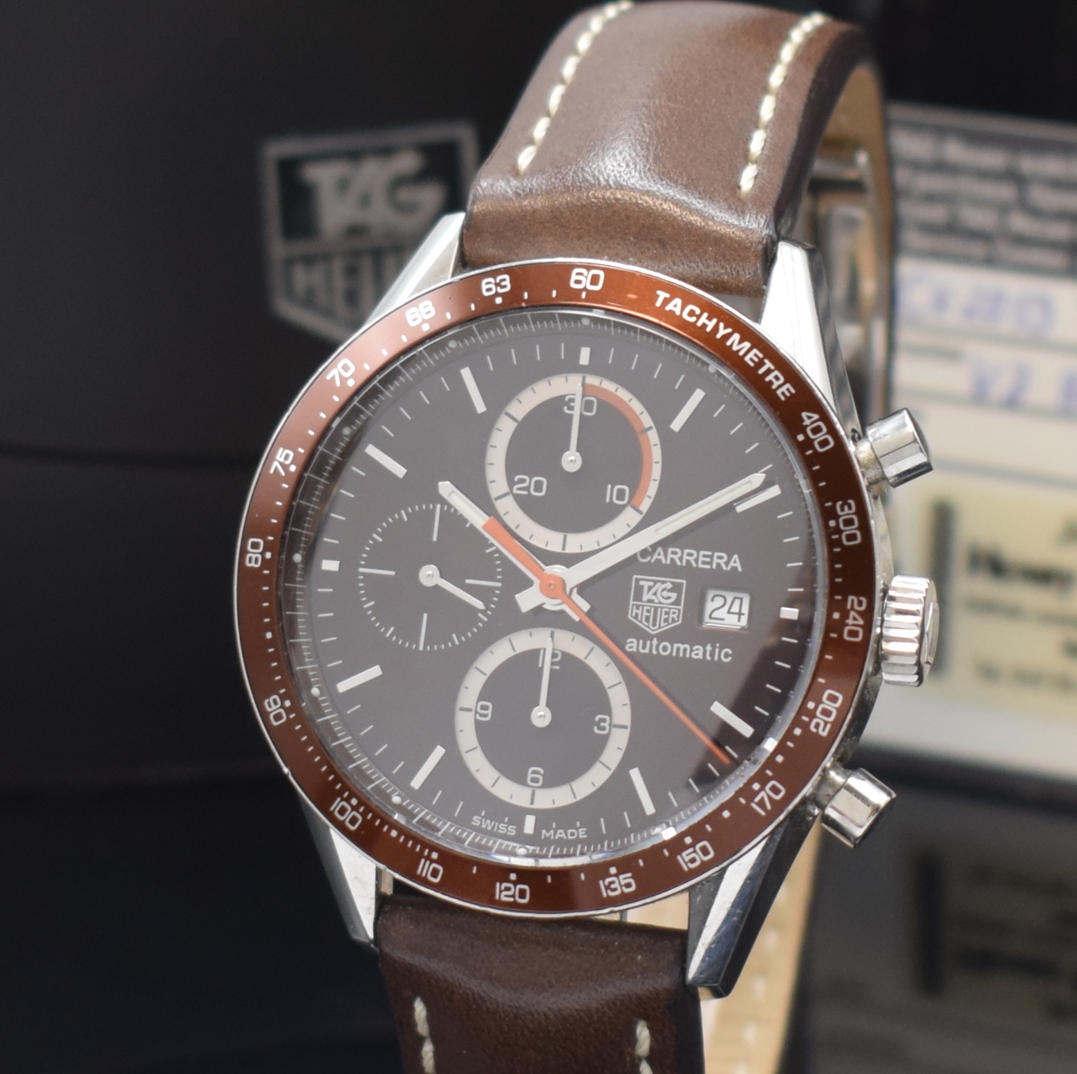 Detail a: TAG HEUER Carrera Calibre 16 Chronograph in Stahl, Schweiz lt. orig. Pap. verk. 2006, Automatik, beids. vergl. Geh., Boden verschr., neutr. Lederband ...