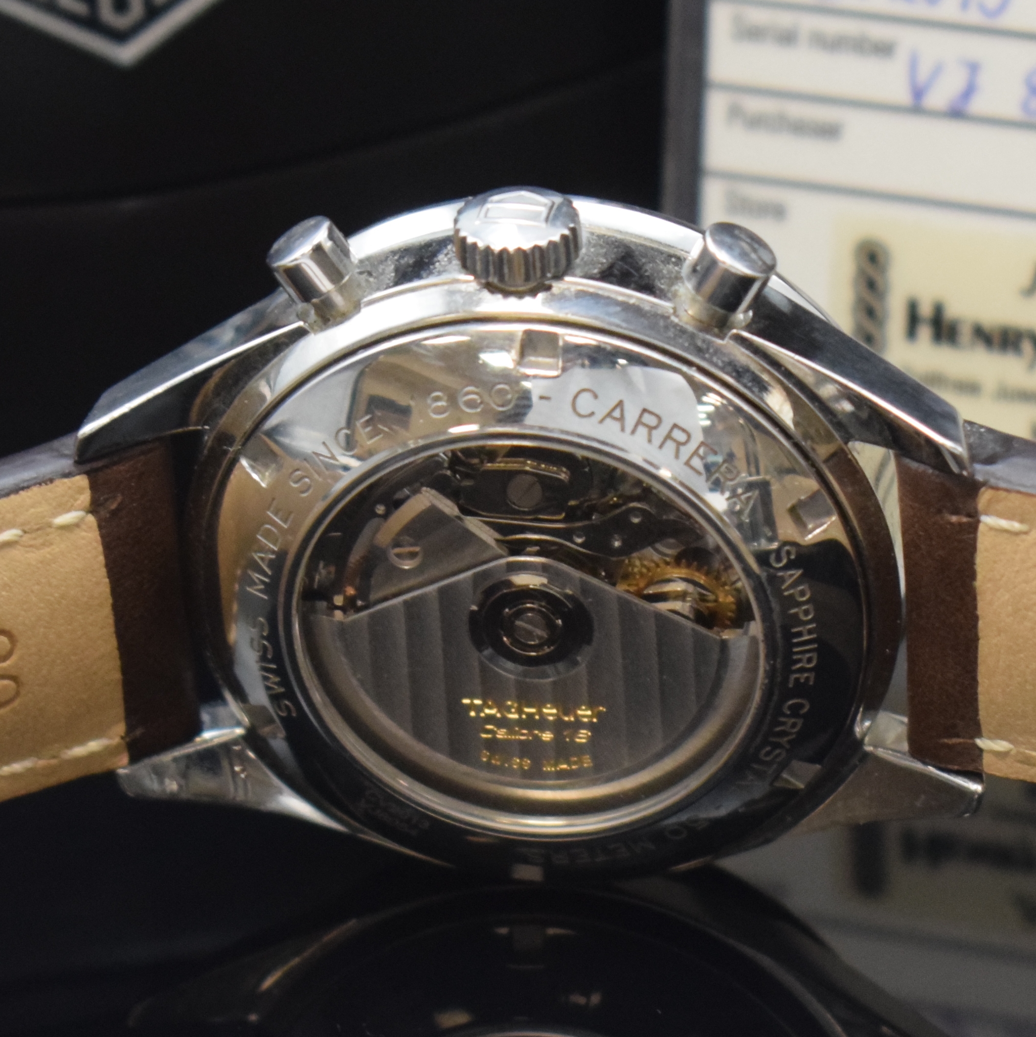 Detail d: TAG HEUER Carrera Calibre 16 Chronograph in Stahl, Schweiz lt. orig. Pap. verk. 2006, Automatik, beids. vergl. Geh., Boden verschr., neutr. Lederband ...