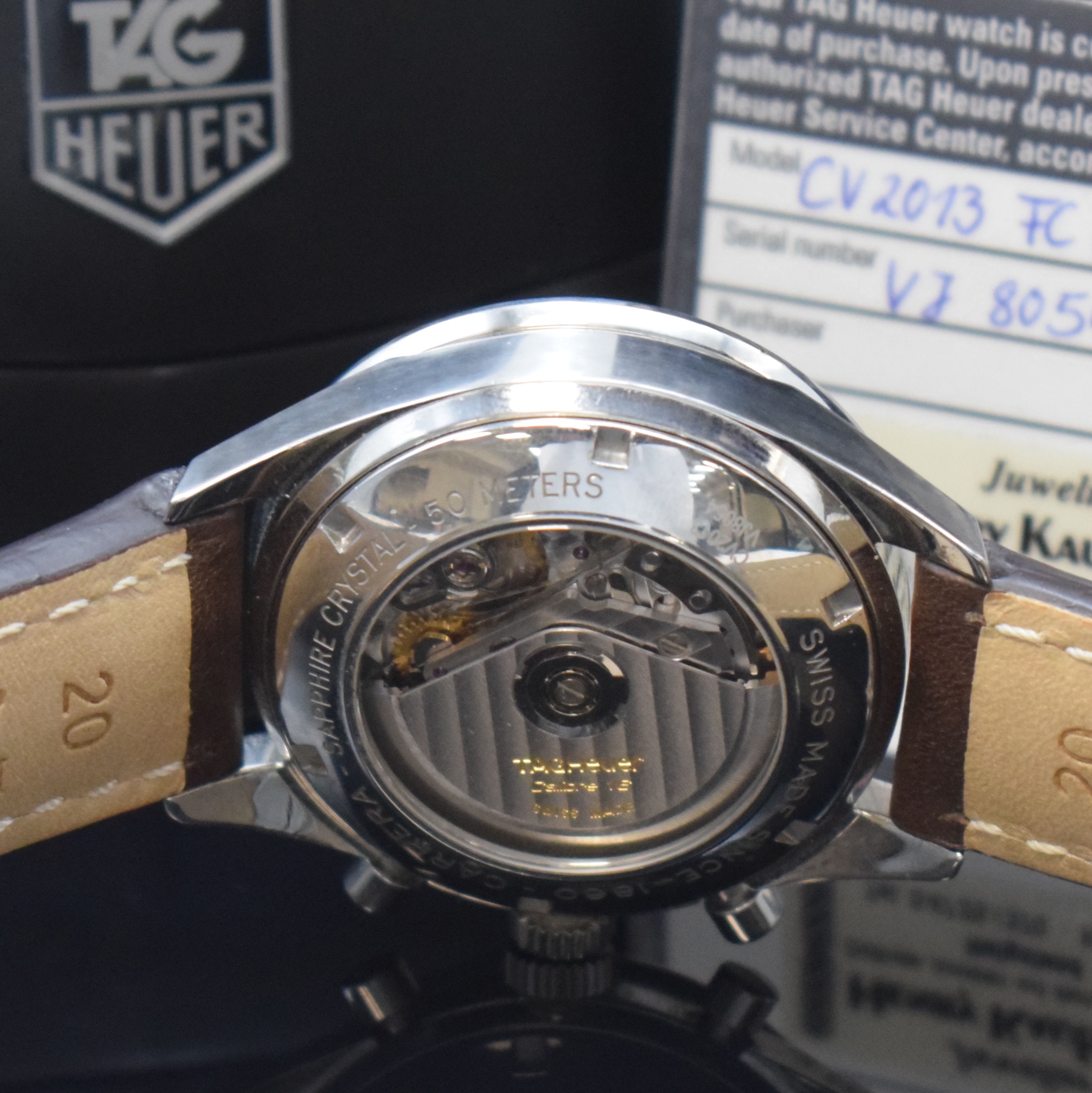 Detail e: TAG HEUER Carrera Calibre 16 Chronograph in Stahl, Schweiz lt. orig. Pap. verk. 2006, Automatik, beids. vergl. Geh., Boden verschr., neutr. Lederband ...