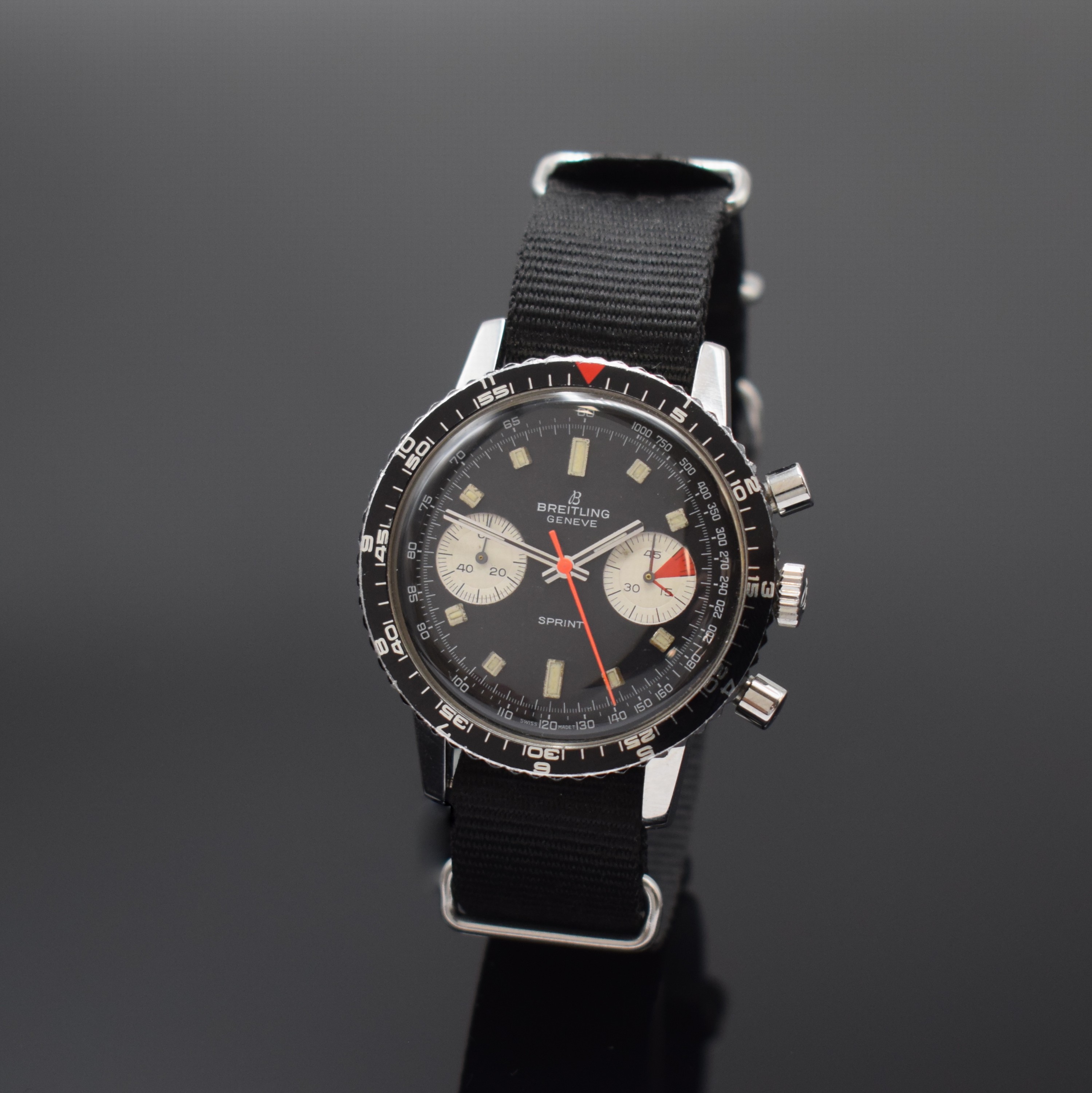 BREITLING Sprint Chronograph Referenz 2010 in Stahl, Schweiz um 1968, Handaufzug, verschr. Geh., schwarze Drehlünette m. 12-Std.- u. 60-Min.-Tlg., ...