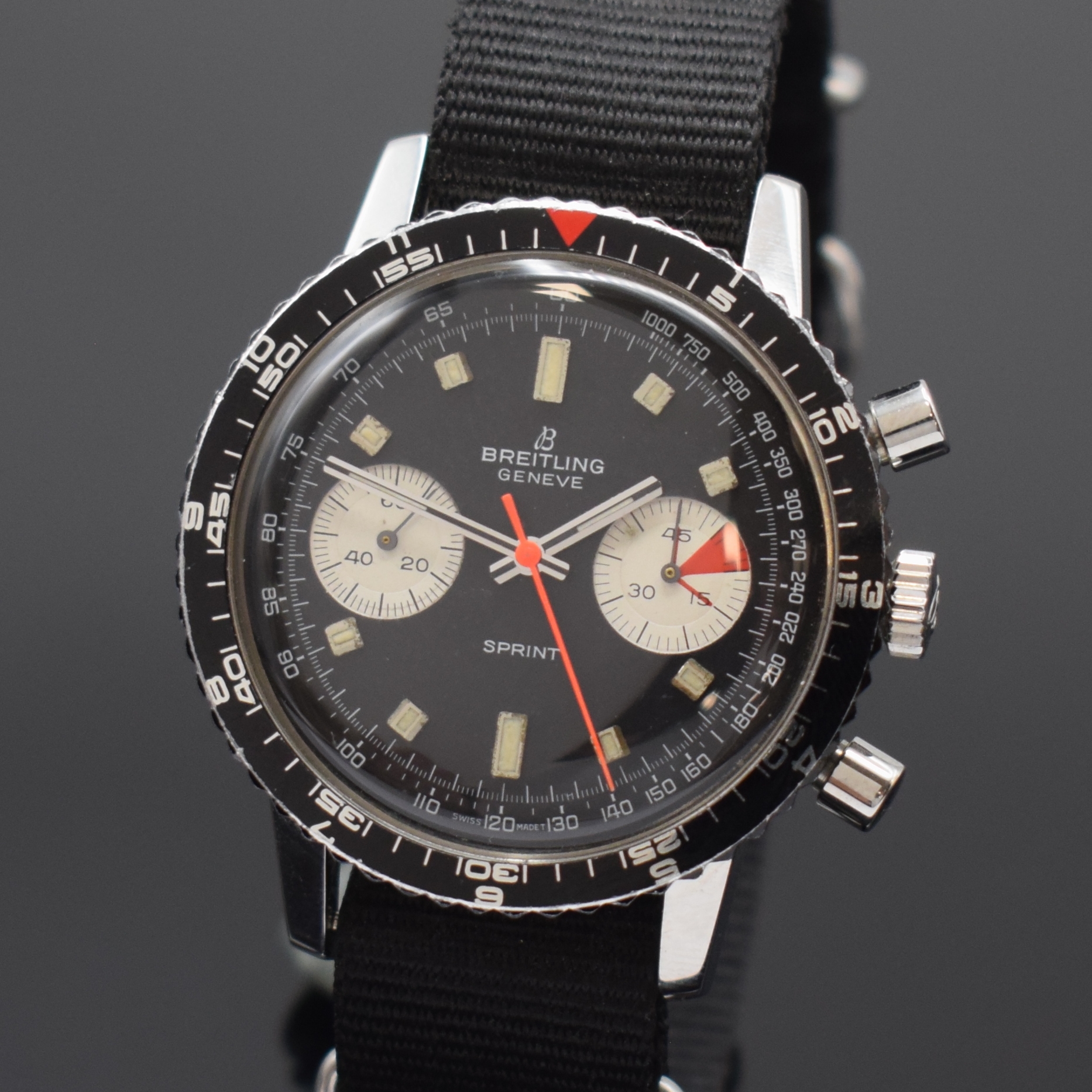 Detail a: BREITLING Sprint Chronograph Referenz 2010 in Stahl, Schweiz um 1968, Handaufzug, verschr. Geh., schwarze Drehlünette m. 12-Std.- u. 60-Min.-Tlg., ...