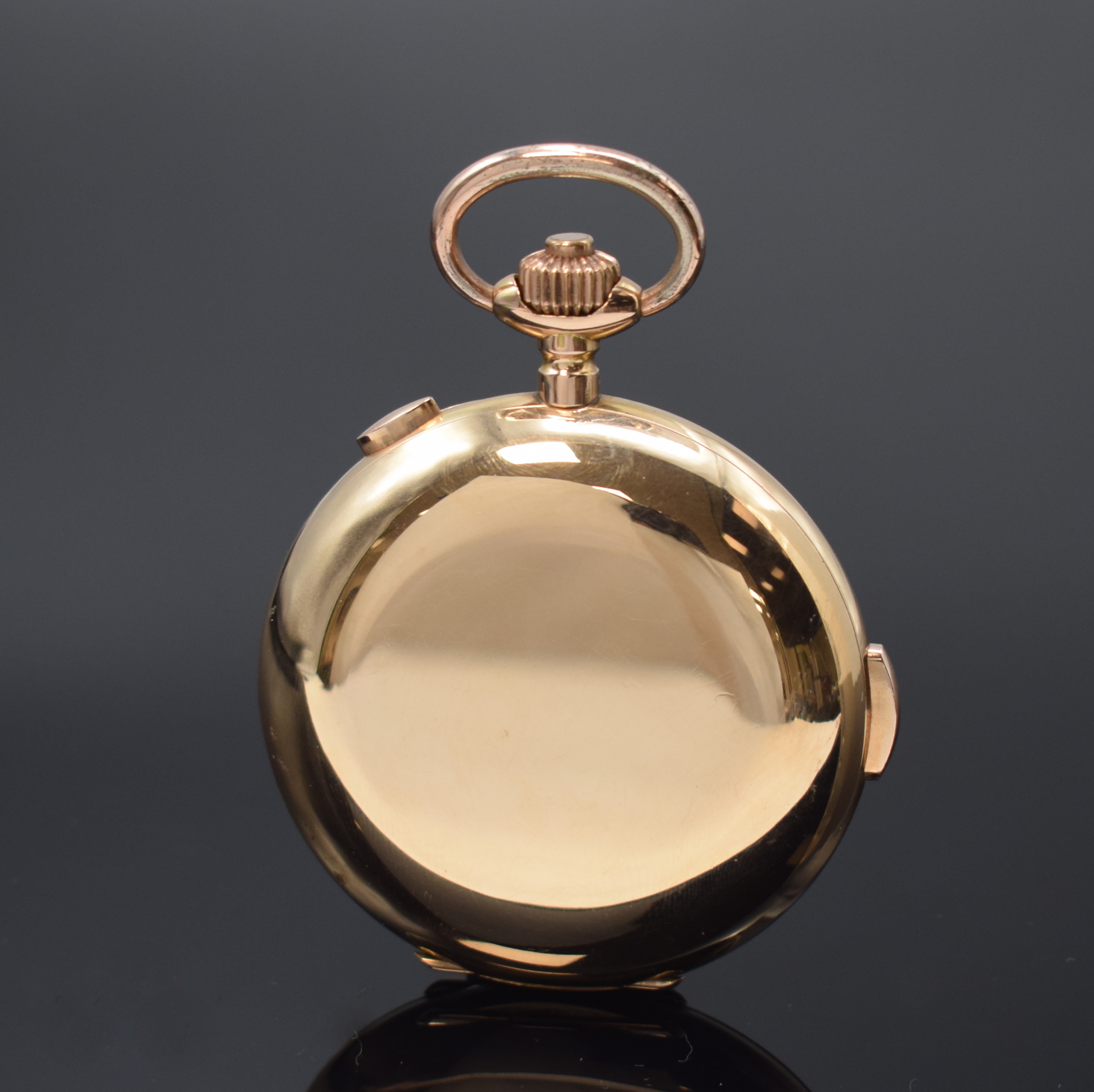 Detail b: Herrensavonette mit Minutenrepetition und Chronograph in RoseG 585/000, Schweiz um 1900, glattes 3-Deckel Goldgeh., Cuvette m. Medaillengrav., ...
