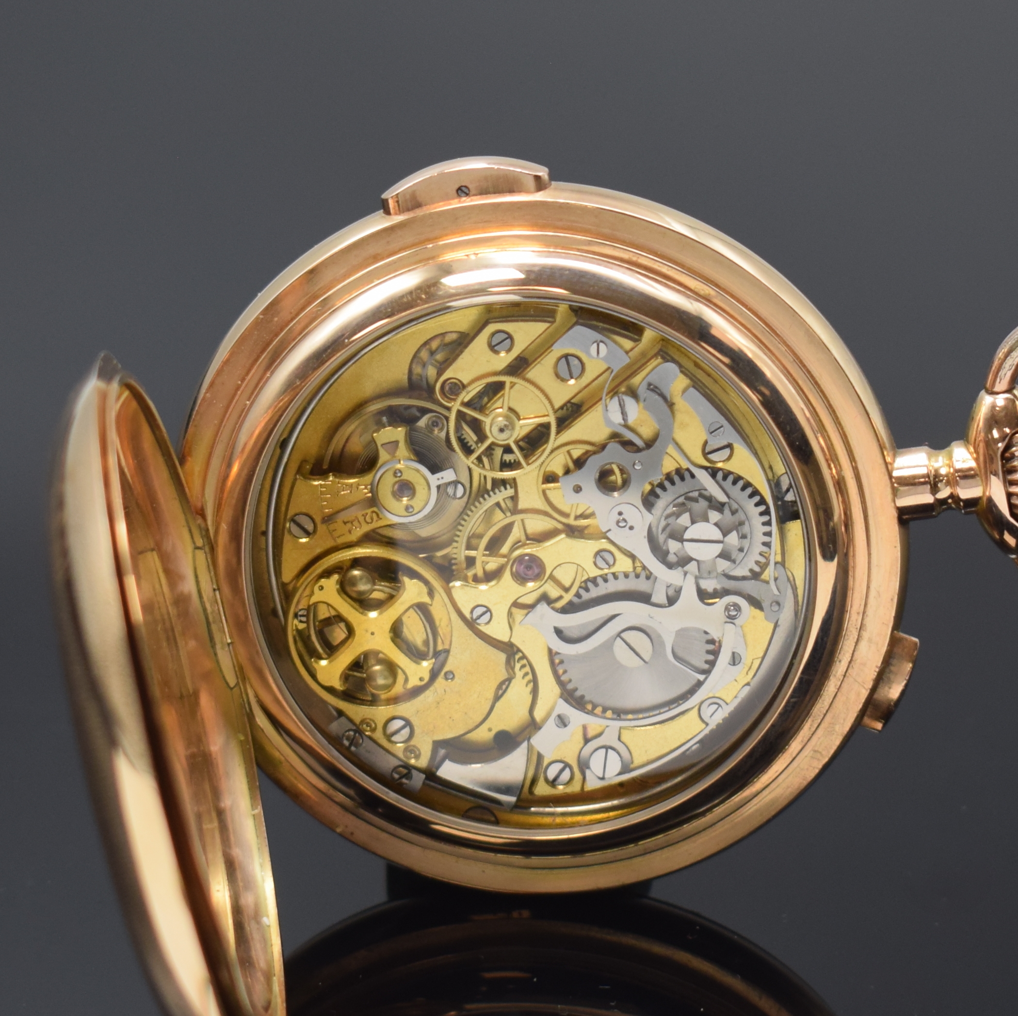 Detail f: Herrensavonette mit Minutenrepetition und Chronograph in RoseG 585/000, Schweiz um 1900, glattes 3-Deckel Goldgeh., Cuvette m. Medaillengrav., ...
