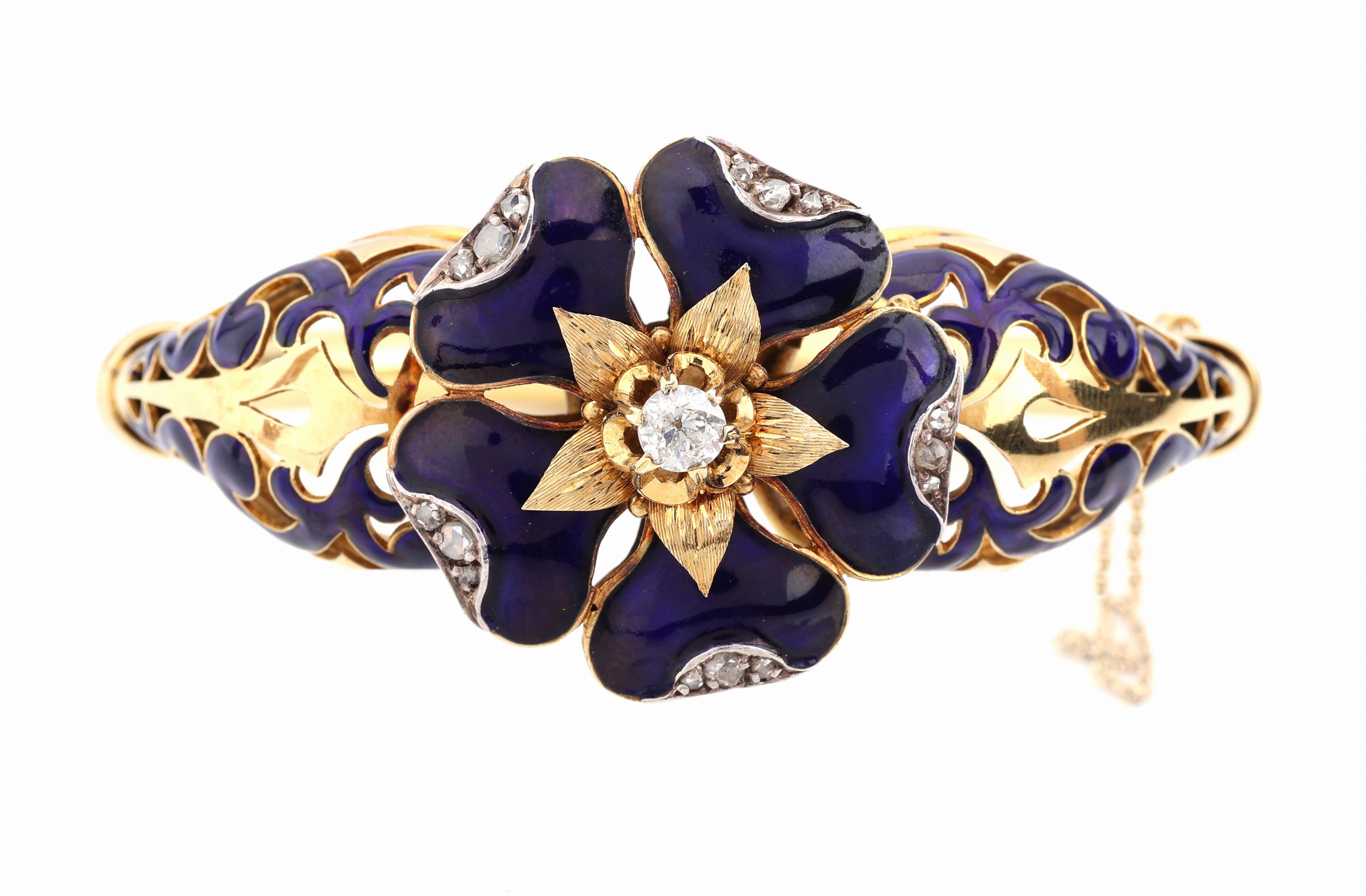 Detail a: 18 kt Gold Diamant-Armreif mit Email, um 1890, GG 750/000, hervorragende und qualitative Handarbeit, geschwungener Kopf mit handgesägter ...