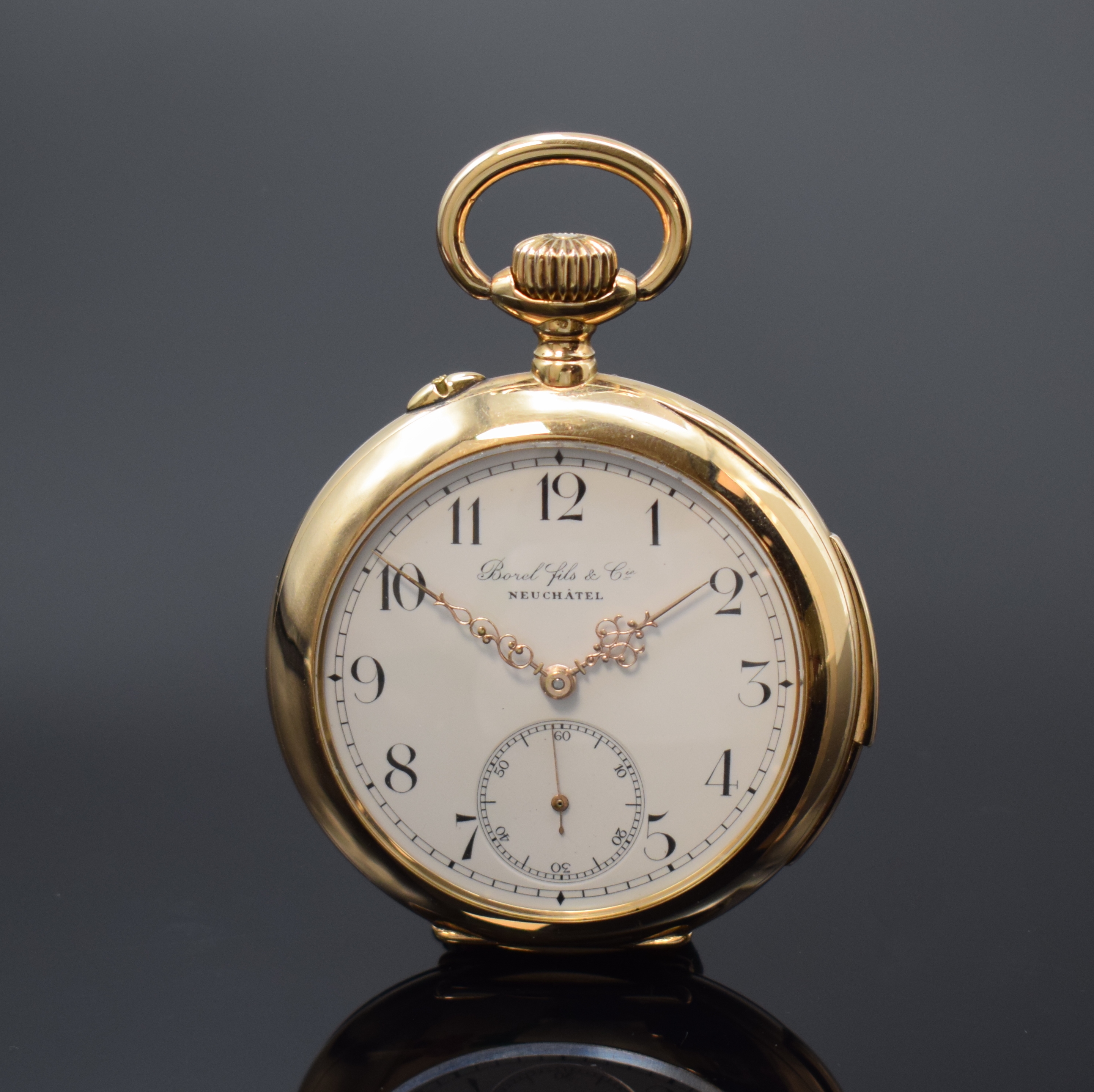 BOREL FILS & CIE Neuchatel offene Taschenuhr mit Minutenrepetition in RoseG 585/000, Schweiz um 1910, guill. 2-Deckel-Goldgeh., Schieber f. ...