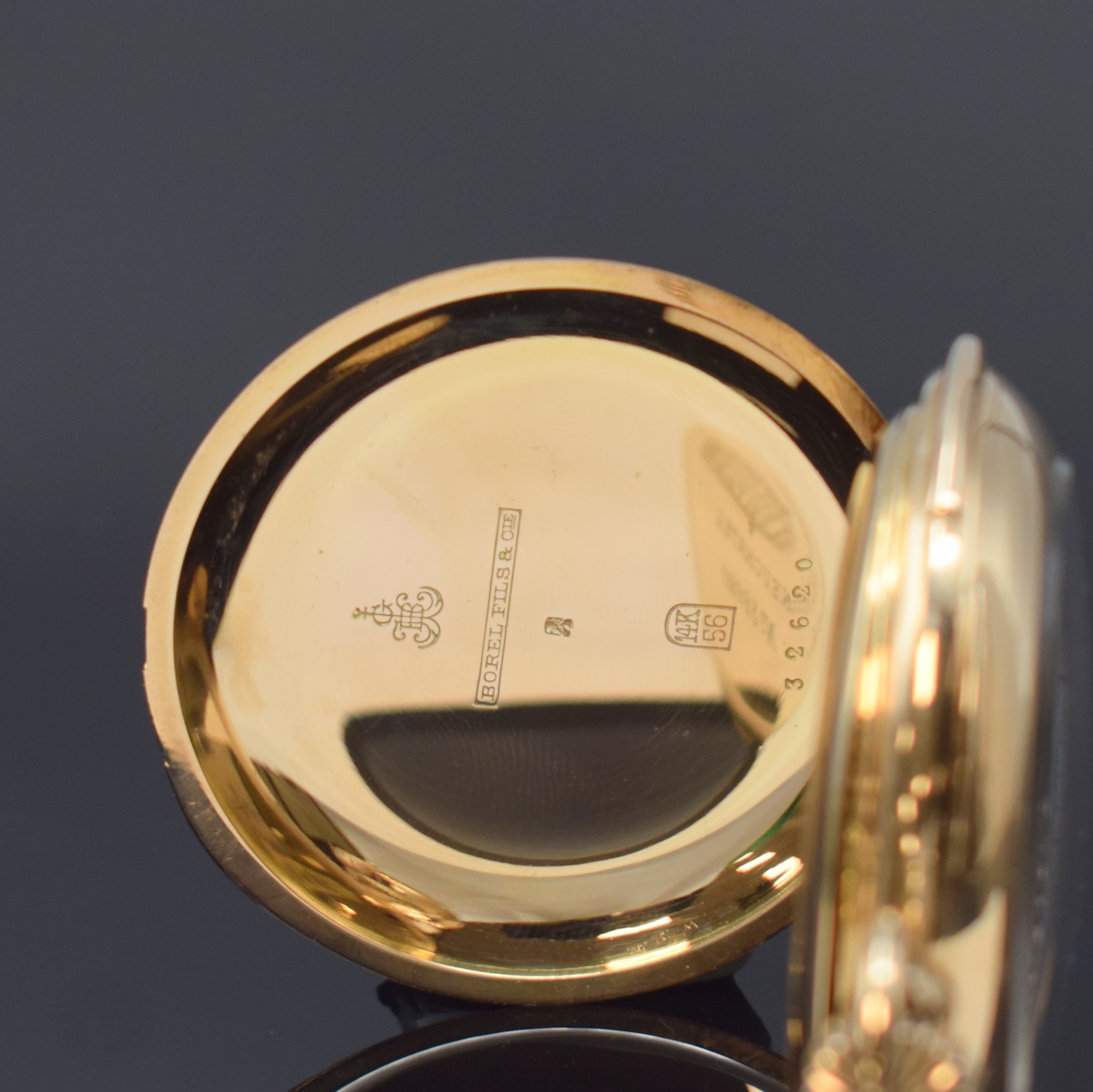 Detail b: BOREL FILS & CIE Neuchatel offene Taschenuhr mit Minutenrepetition in RoseG 585/000, Schweiz um 1910, guill. 2-Deckel-Goldgeh., Schieber f. ...