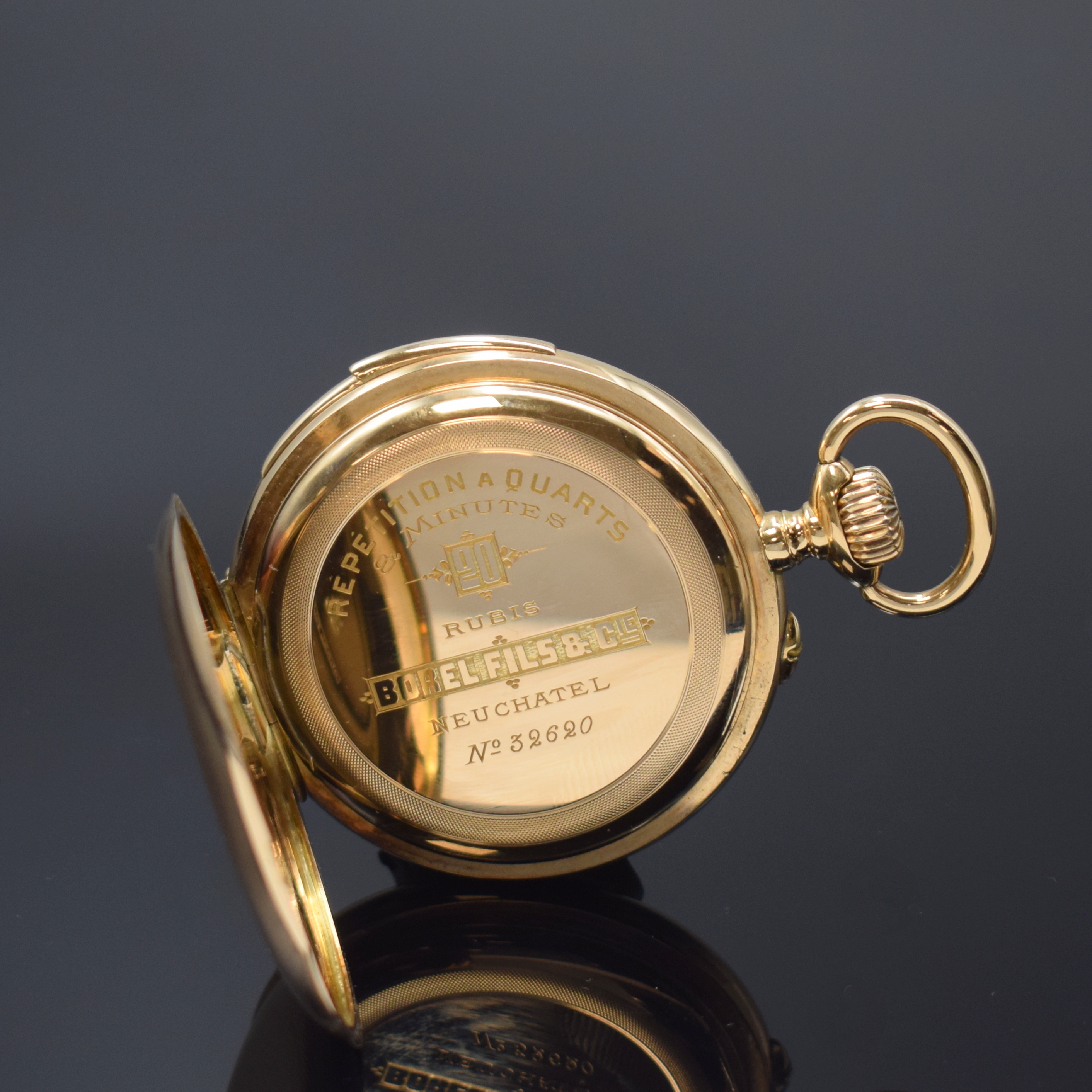Detail c: BOREL FILS & CIE Neuchatel offene Taschenuhr mit Minutenrepetition in RoseG 585/000, Schweiz um 1910, guill. 2-Deckel-Goldgeh., Schieber f. ...
