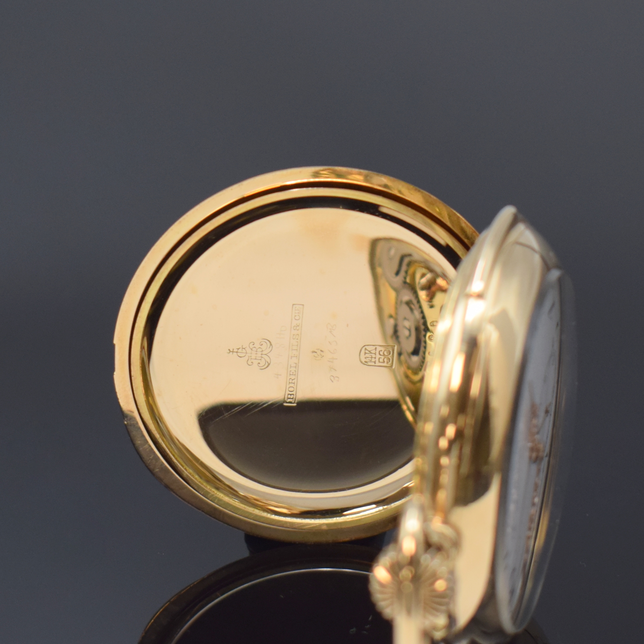 Detail d: BOREL FILS & CIE Neuchatel offene Taschenuhr mit Minutenrepetition in RoseG 585/000, Schweiz um 1910, guill. 2-Deckel-Goldgeh., Schieber f. ...