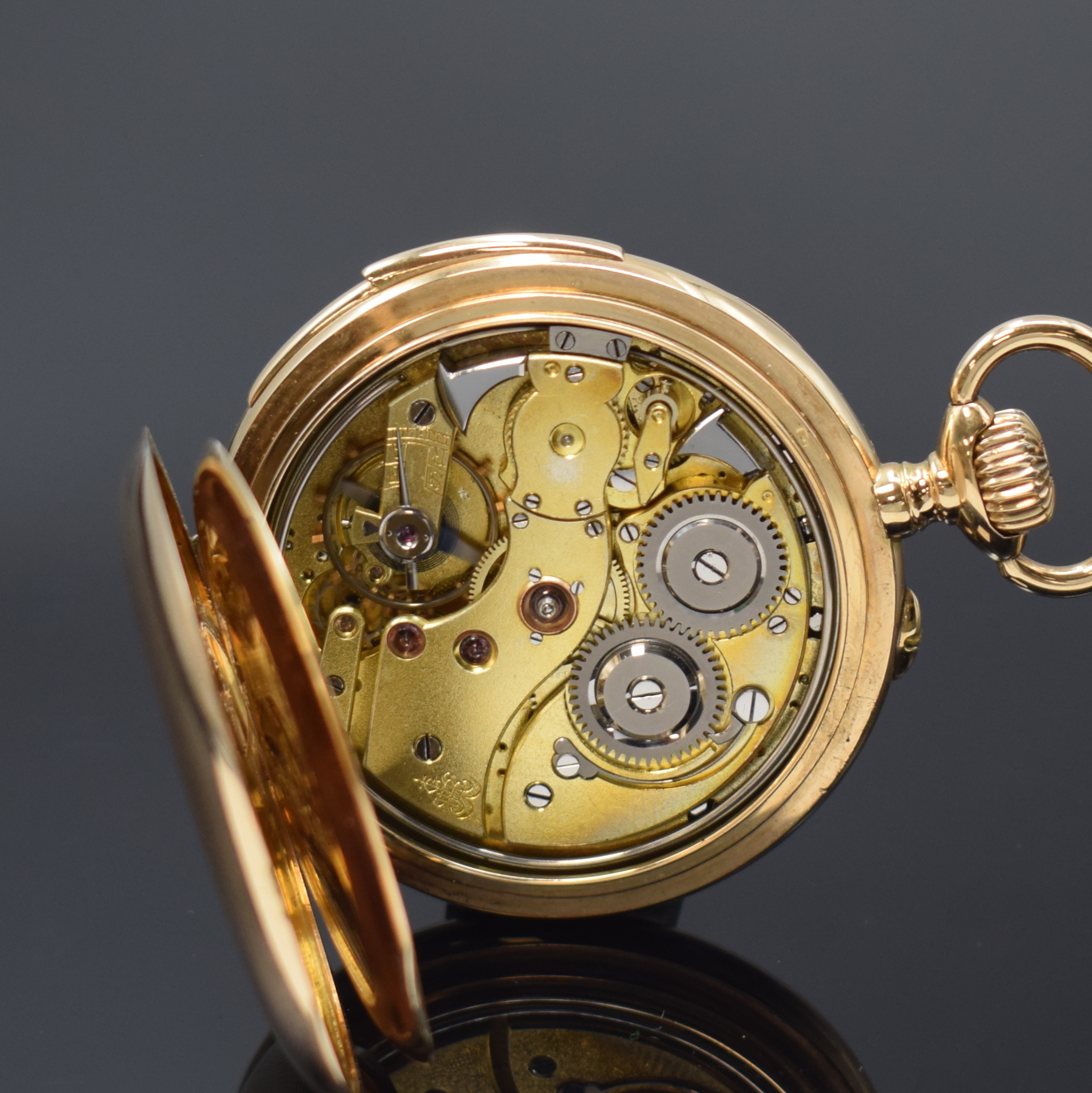 Detail e: BOREL FILS & CIE Neuchatel offene Taschenuhr mit Minutenrepetition in RoseG 585/000, Schweiz um 1910, guill. 2-Deckel-Goldgeh., Schieber f. ...