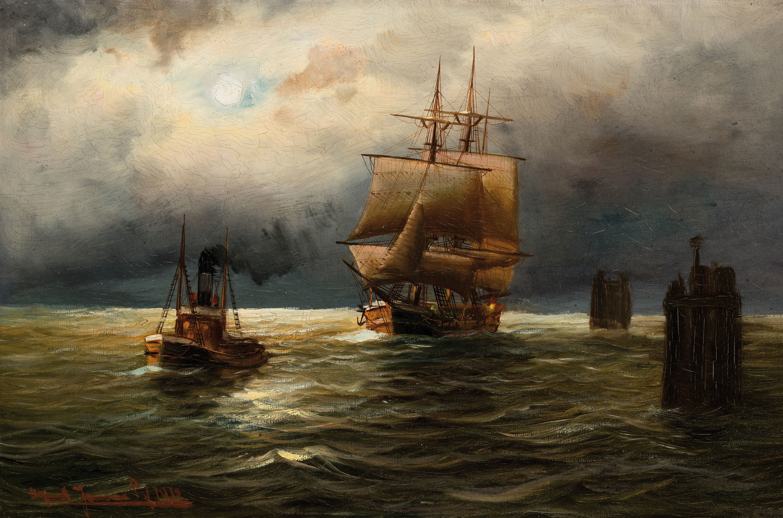 Alfred Jensen, 1859 - 1935 Hamburg,, Marinemaler, Segelschiff und Dampfschiff, in Mondlandschaft, Öl/Lwd, li. u. rot signiert und dat. 1913 ?, ca. ...