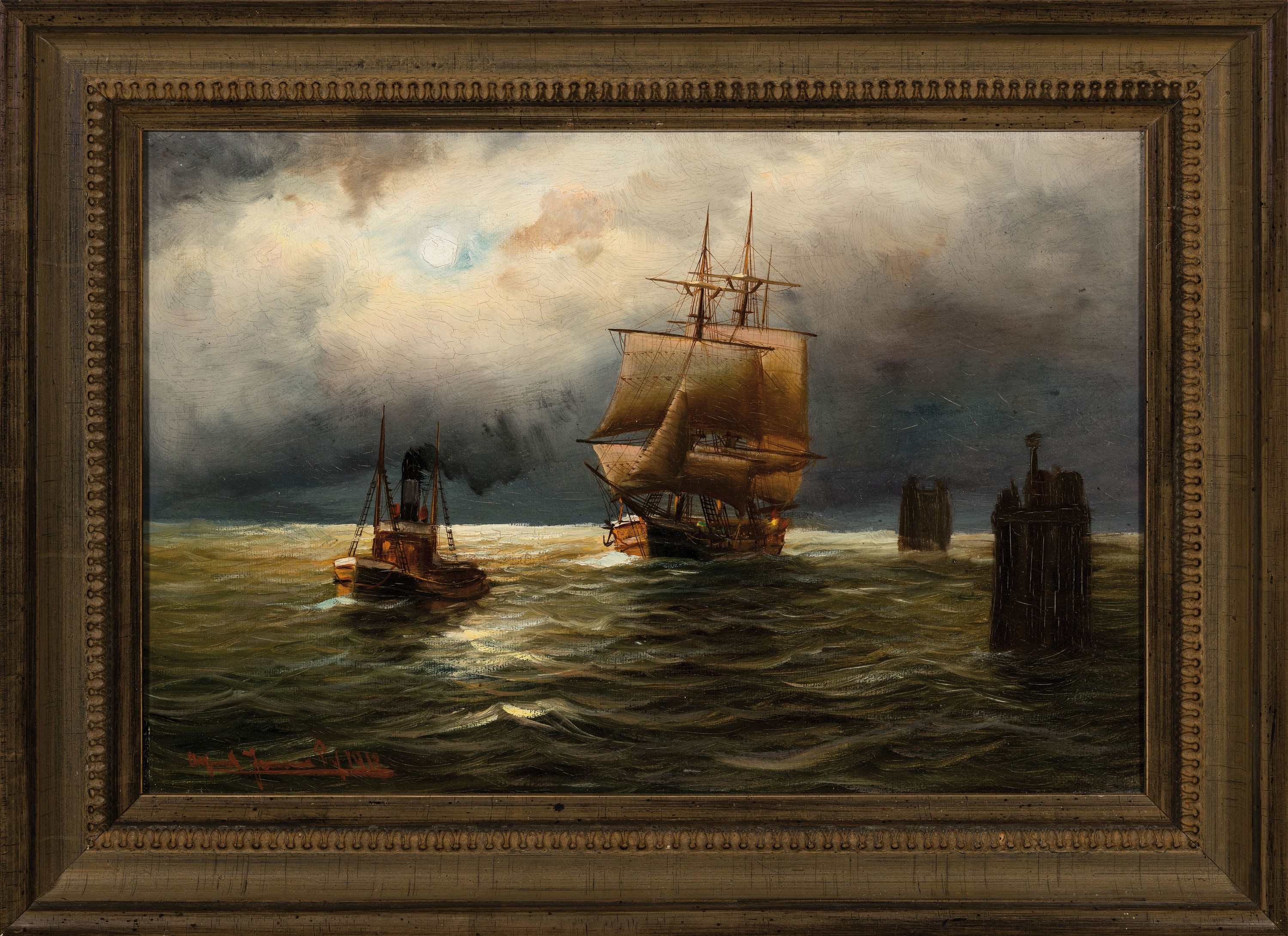 Detail k: Alfred Jensen, 1859 - 1935 Hamburg,, Marinemaler, Segelschiff und Dampfschiff, in Mondlandschaft, Öl/Lwd, li. u. rot signiert und dat. 1913 ?, ca. ...