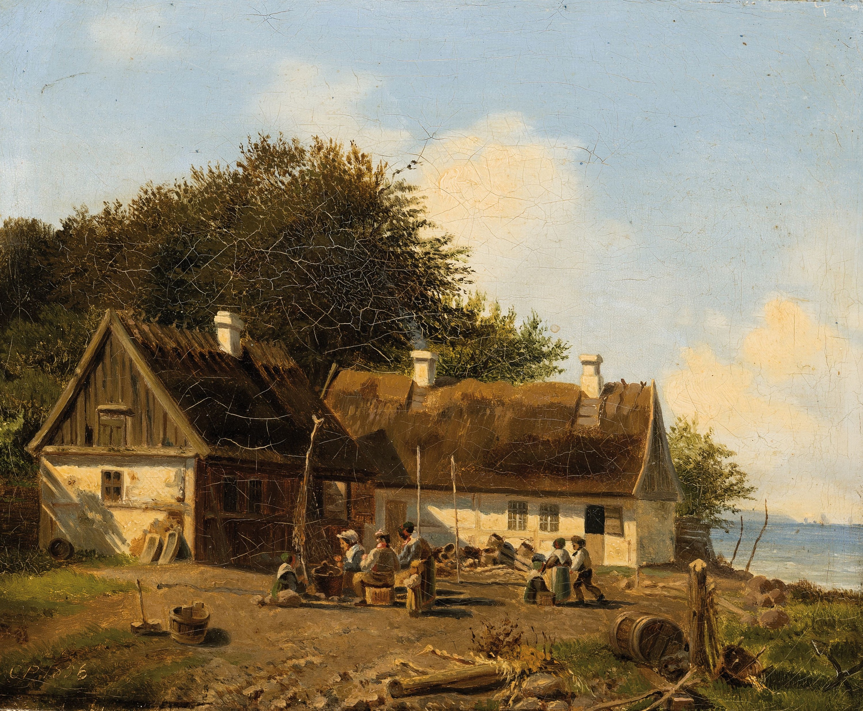 Monogrammist CP, datiert 1836,, wohl niederländische Schule, Bauernhaus an der Küste, mit arbeitenden Personengruppen, Öl/Lwd, l. krakeliert, ca. ...