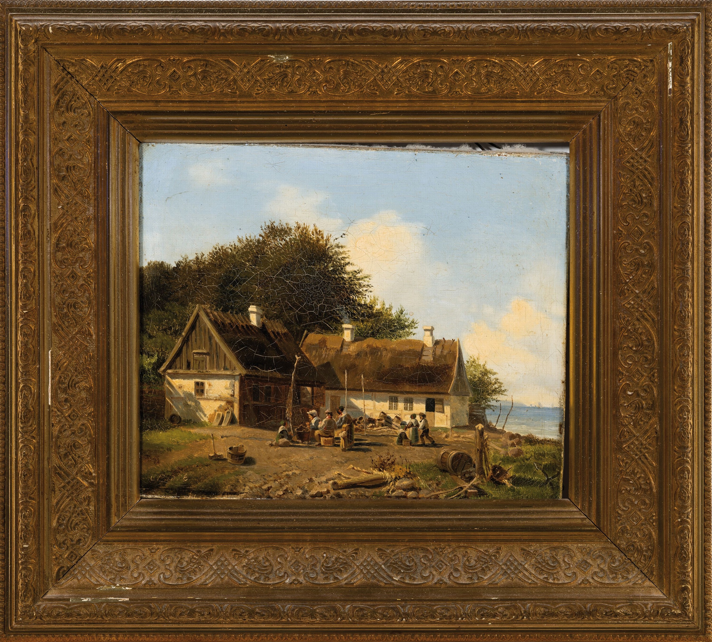 Detail k: Monogrammist CP, datiert 1836,, wohl niederländische Schule, Bauernhaus an der Küste, mit arbeitenden Personengruppen, Öl/Lwd, l. krakeliert, ca. ...