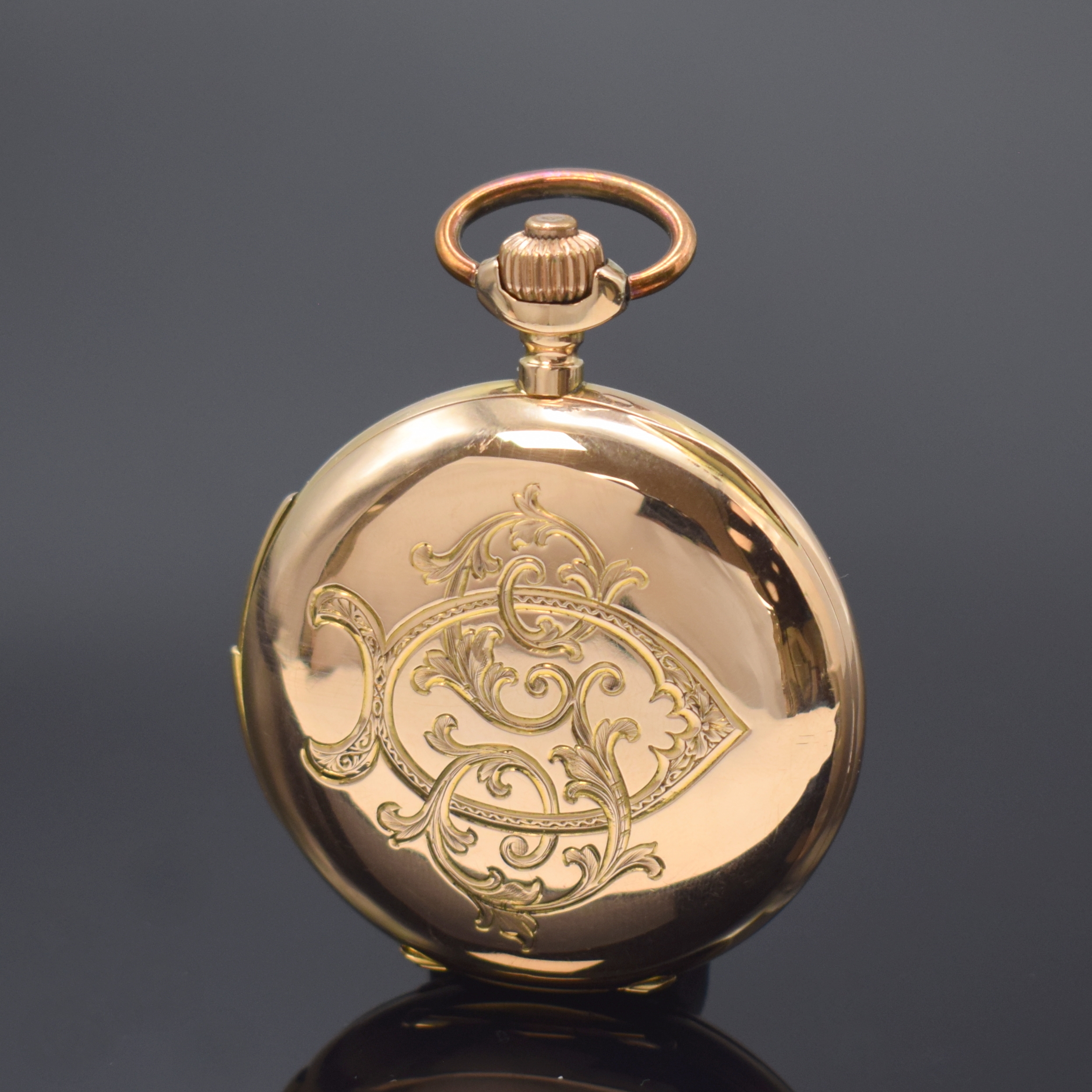 Detail b: Herrensavonette mit Minutenrepetition in RoseG 750/000, Schweiz um 1900, glattes 3-Deckel Goldgeh., Repetitions-Schieber b. 6, Monogramm-Grav. auf ...