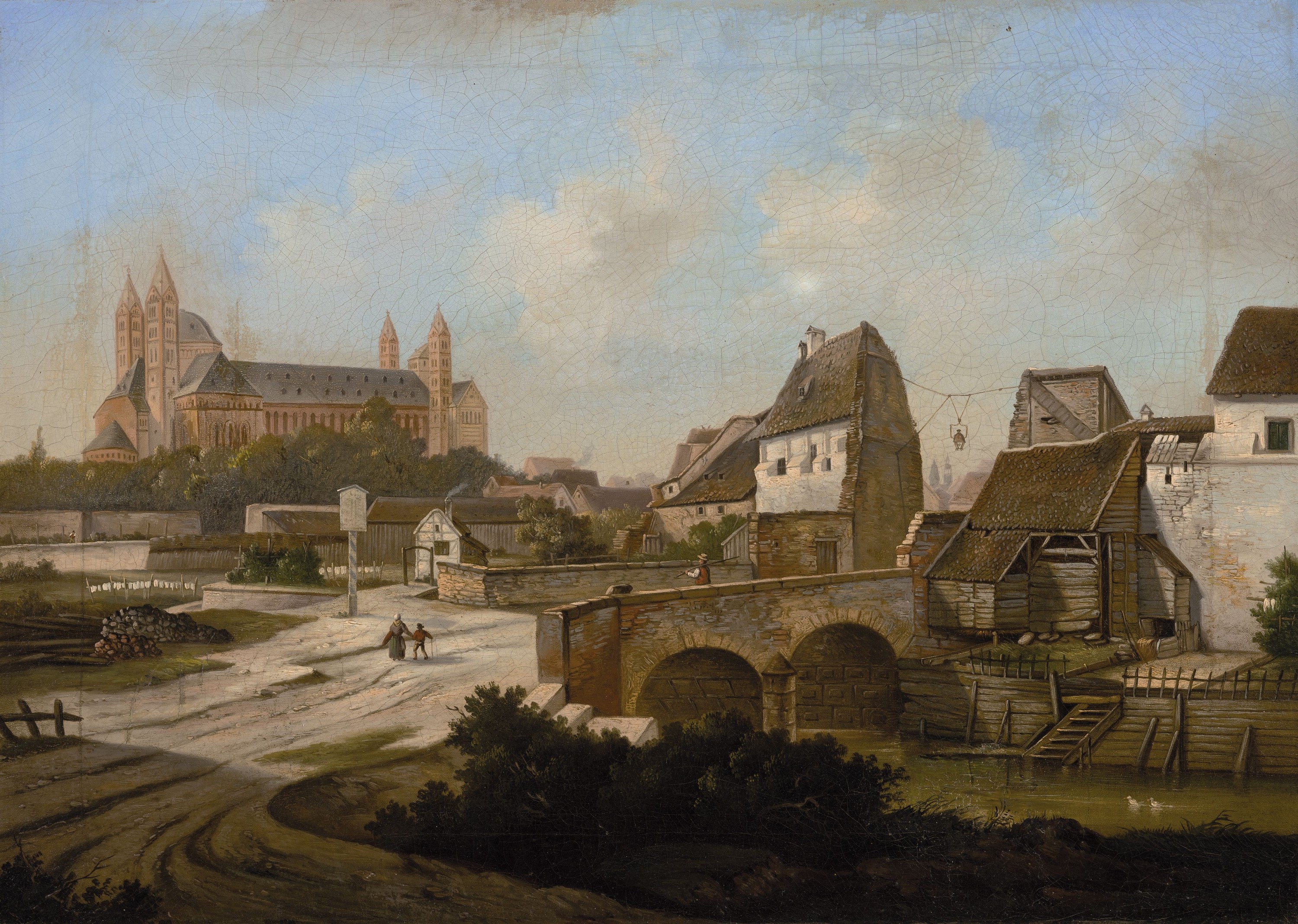 Heinrich Schuler, zugeschr., 1857 Mainz - 1885 München, Stadtansicht von Speyer mit Speyerer Dom, detailreiche Darstellung, Figurenstaffage, ältere ...
