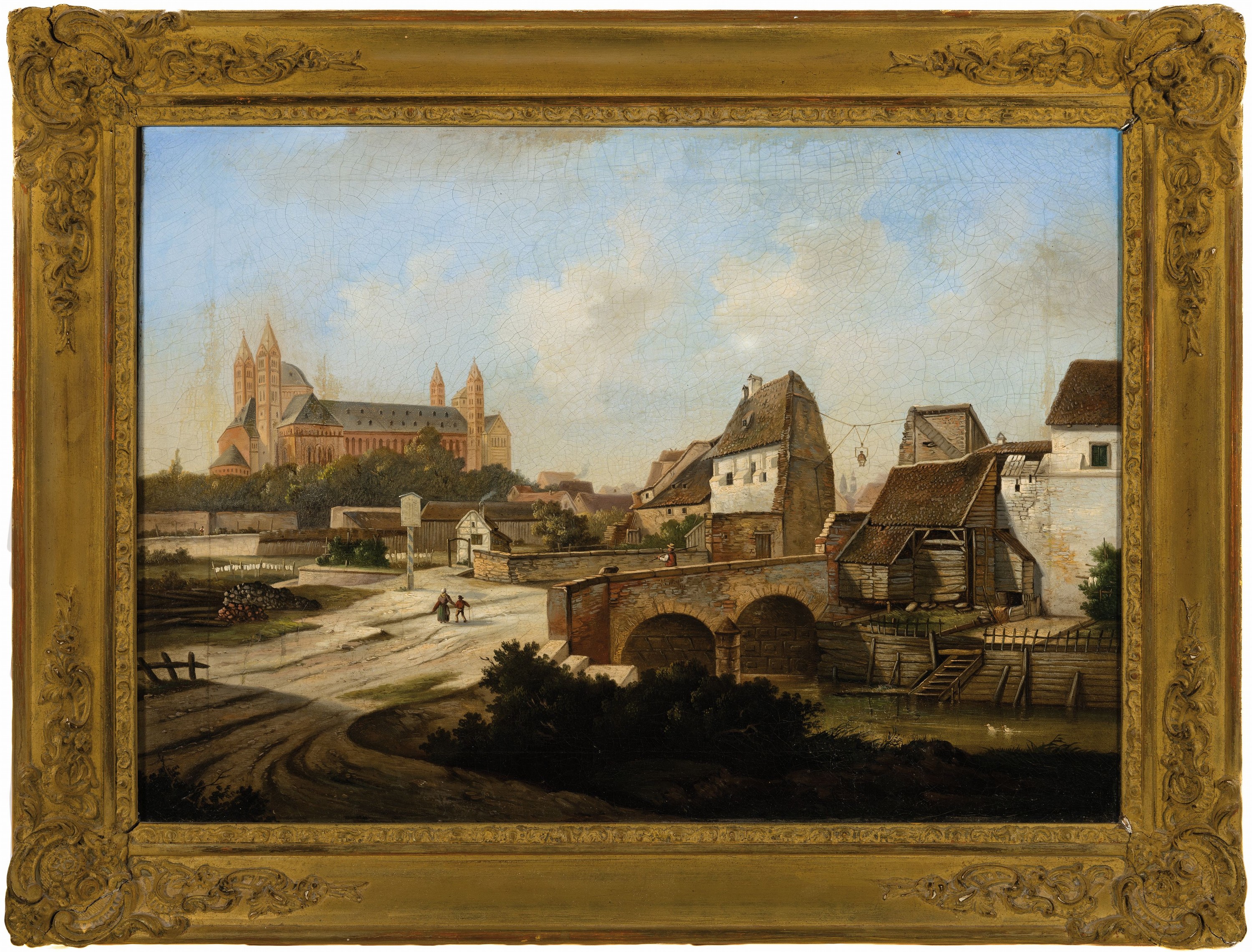Detail k: Heinrich Schuler, zugeschr., 1857 Mainz - 1885 München, Stadtansicht von Speyer mit Speyerer Dom, detailreiche Darstellung, Figurenstaffage, ältere ...