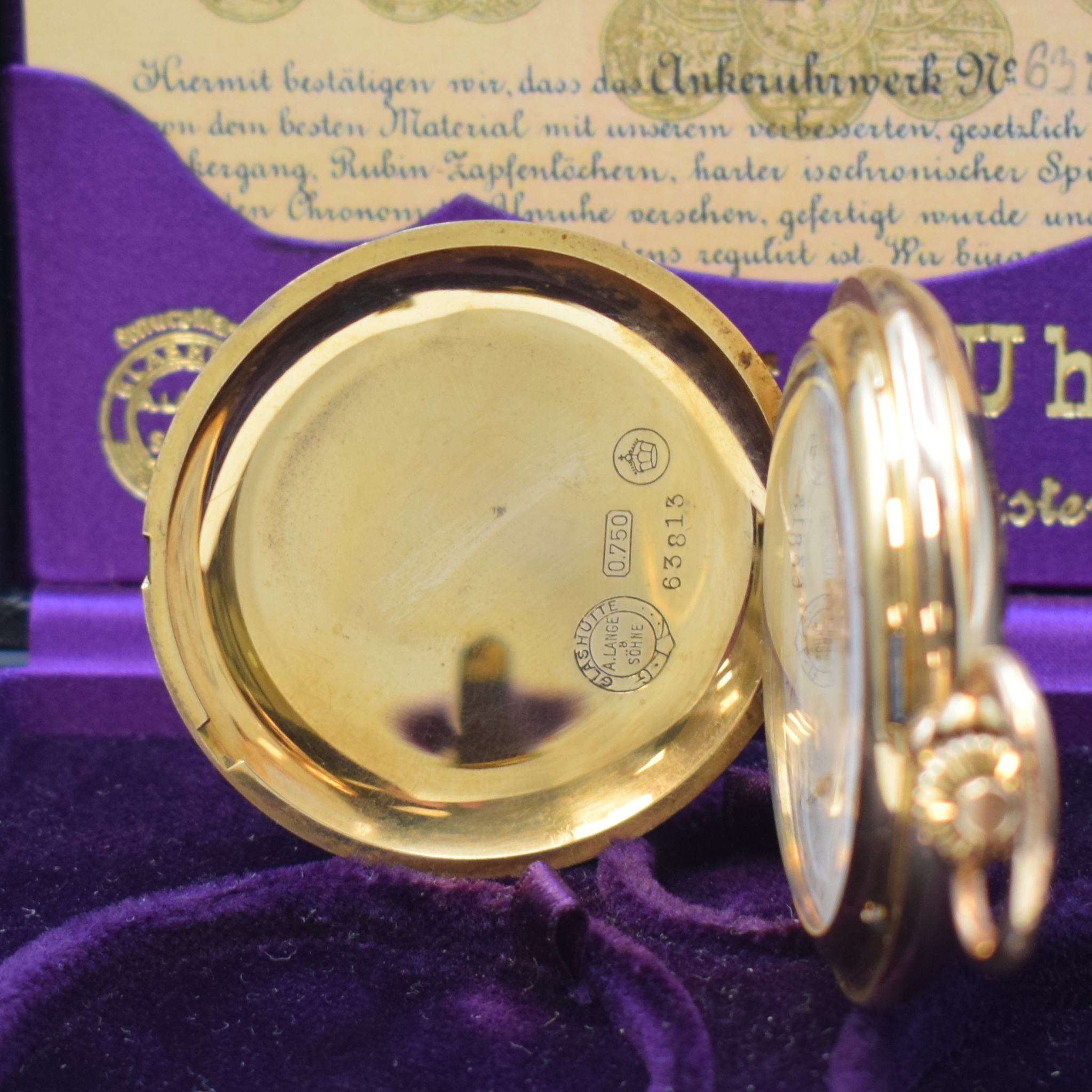 Detail a: A. LANGE & SÖHNE Herrensavonette in RoseG 750/000, Deutschland lt. Archivauszug verk. 1916, glattes 3-Deckel Lucia Goldgeh. leicht dell., ...