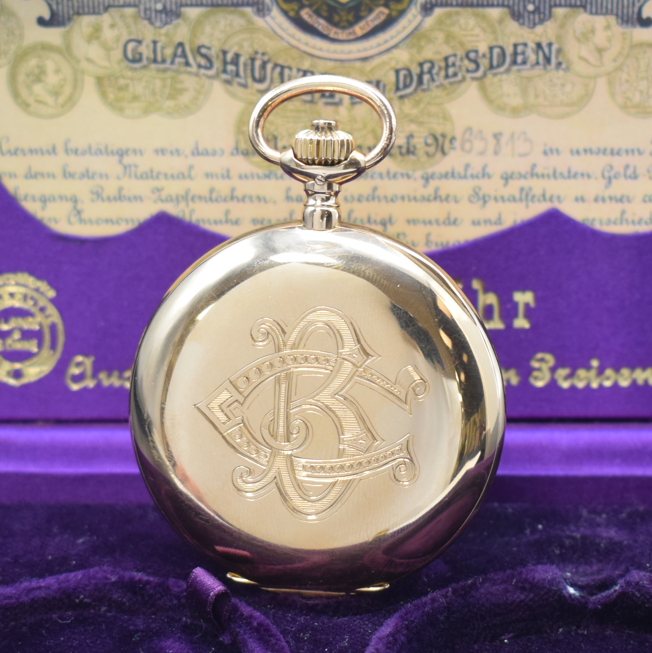 Detail b: A. LANGE & SÖHNE Herrensavonette in RoseG 750/000, Deutschland lt. Archivauszug verk. 1916, glattes 3-Deckel Lucia Goldgeh. leicht dell., ...